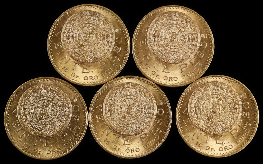 (2.411 oz, 74.992 g AGW). Mexico. Lot of (5) Mixed Date Gold 20 Pesos.