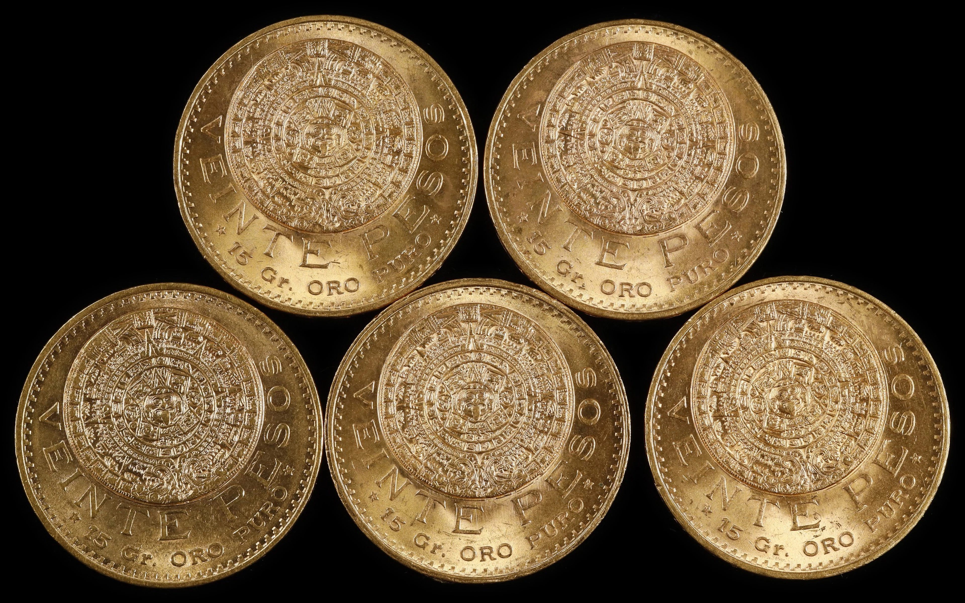 (2.411 oz, 74.992 g AGW). Mexico. Lot of (5) Mixed Date Gold 20 Pesos.