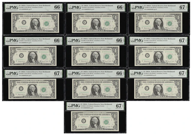 Lot of (10) Fr. 1901-E. 1963A $1 Federal Reserve Notes. Richmond.