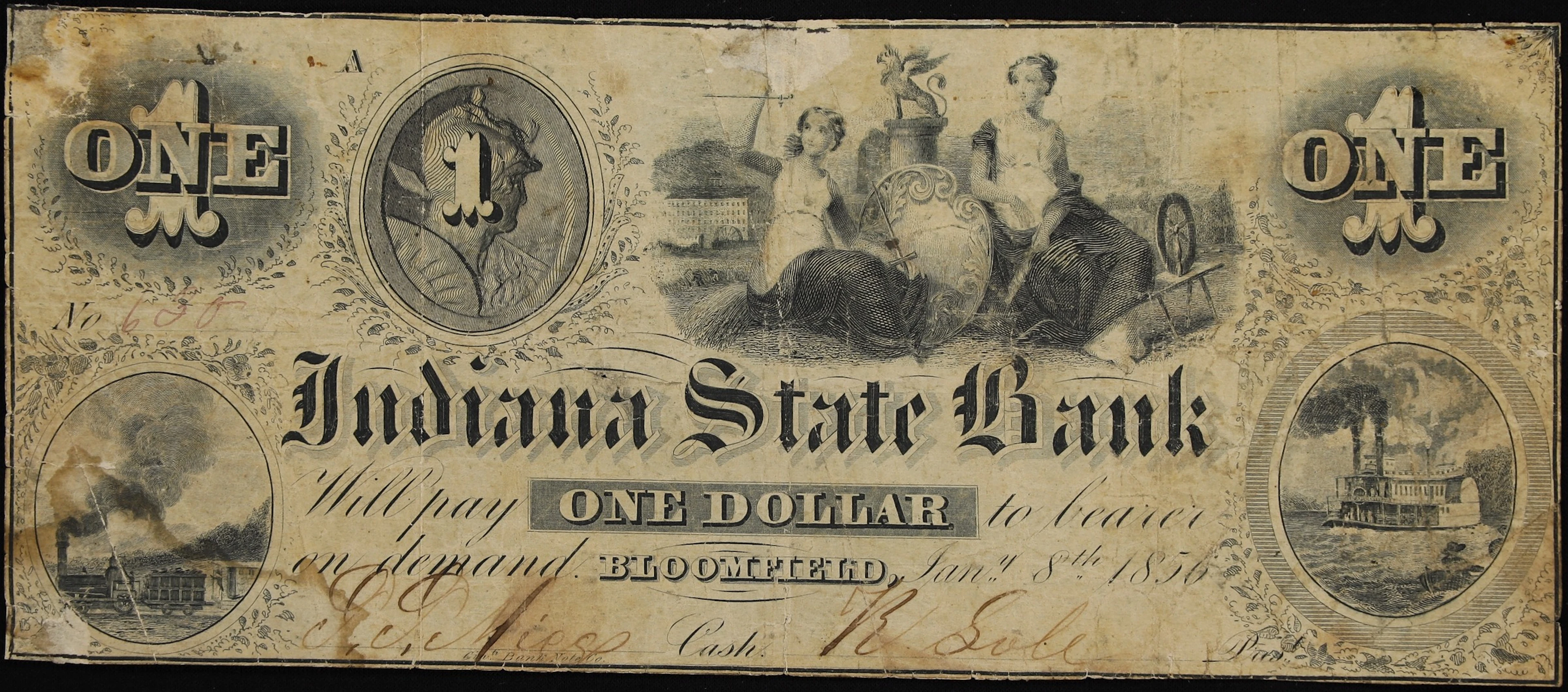 Bloomfield, Indiana. Indiana State Bank. 1856 $1. Fine.