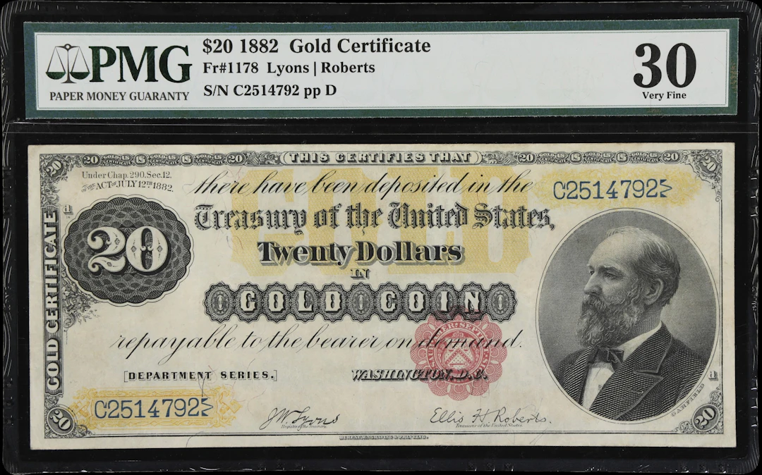 Fr. 1178. 1882 $20 Gold Certificate. PMG Very Fine 30.