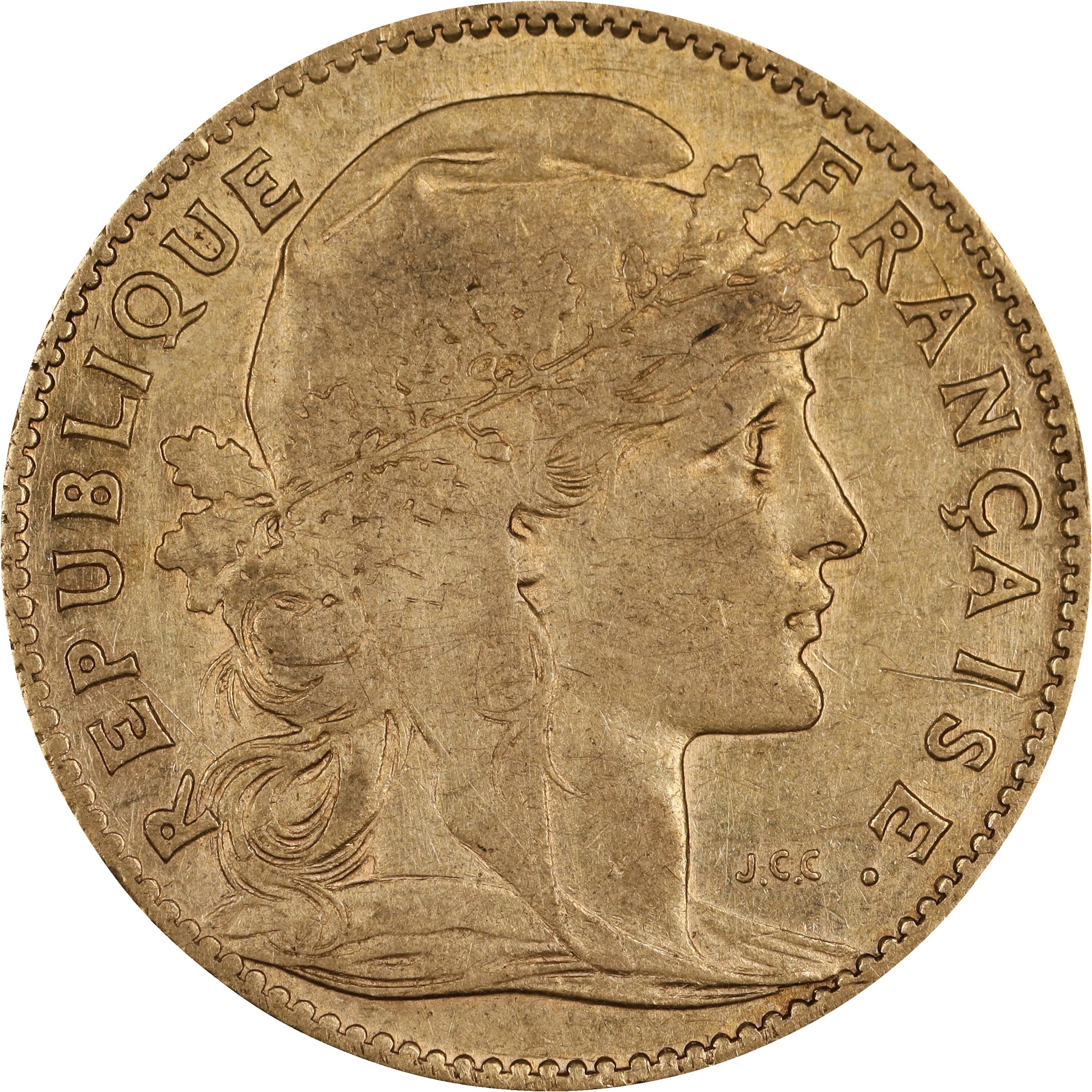 (0.093 oz, 2.893 g AGW). France. 1907 Gold 10 Francs.