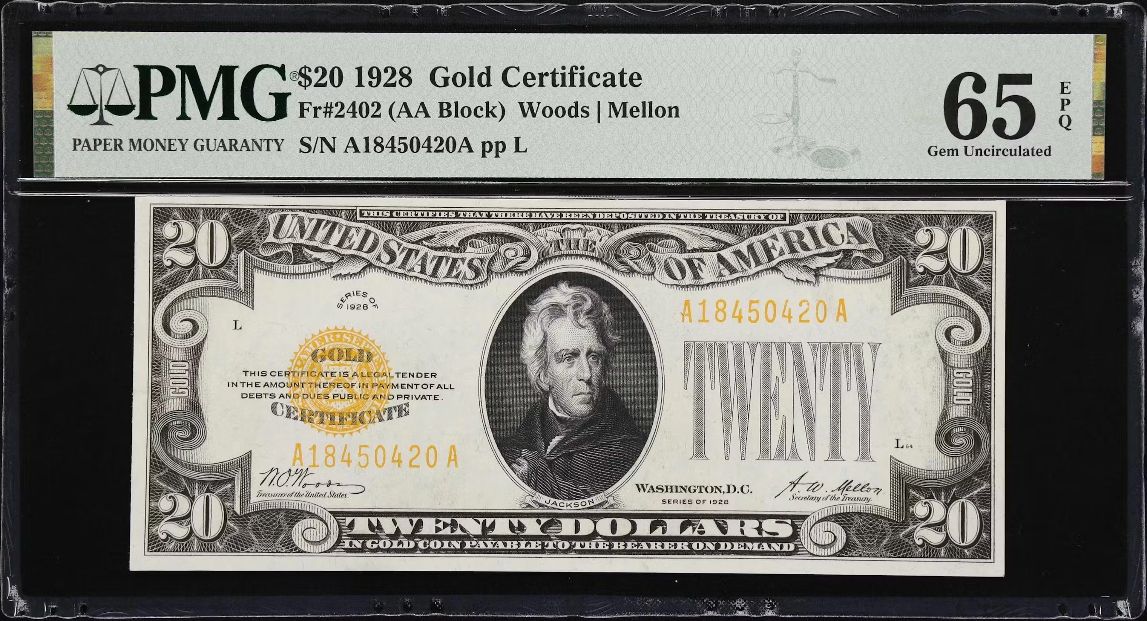Fr. 2402. 1928 $20 Gold Certificate. PMG Gem Uncirculated 65 EPQ.