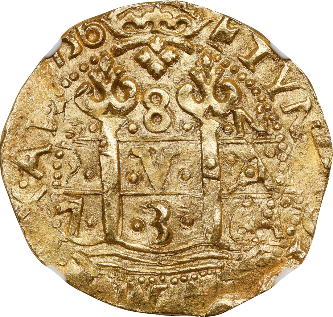 (◊) PERU. Cob 8 Escudos, 1736-L N. Lima Mint. Philip V. NGC MS-64.