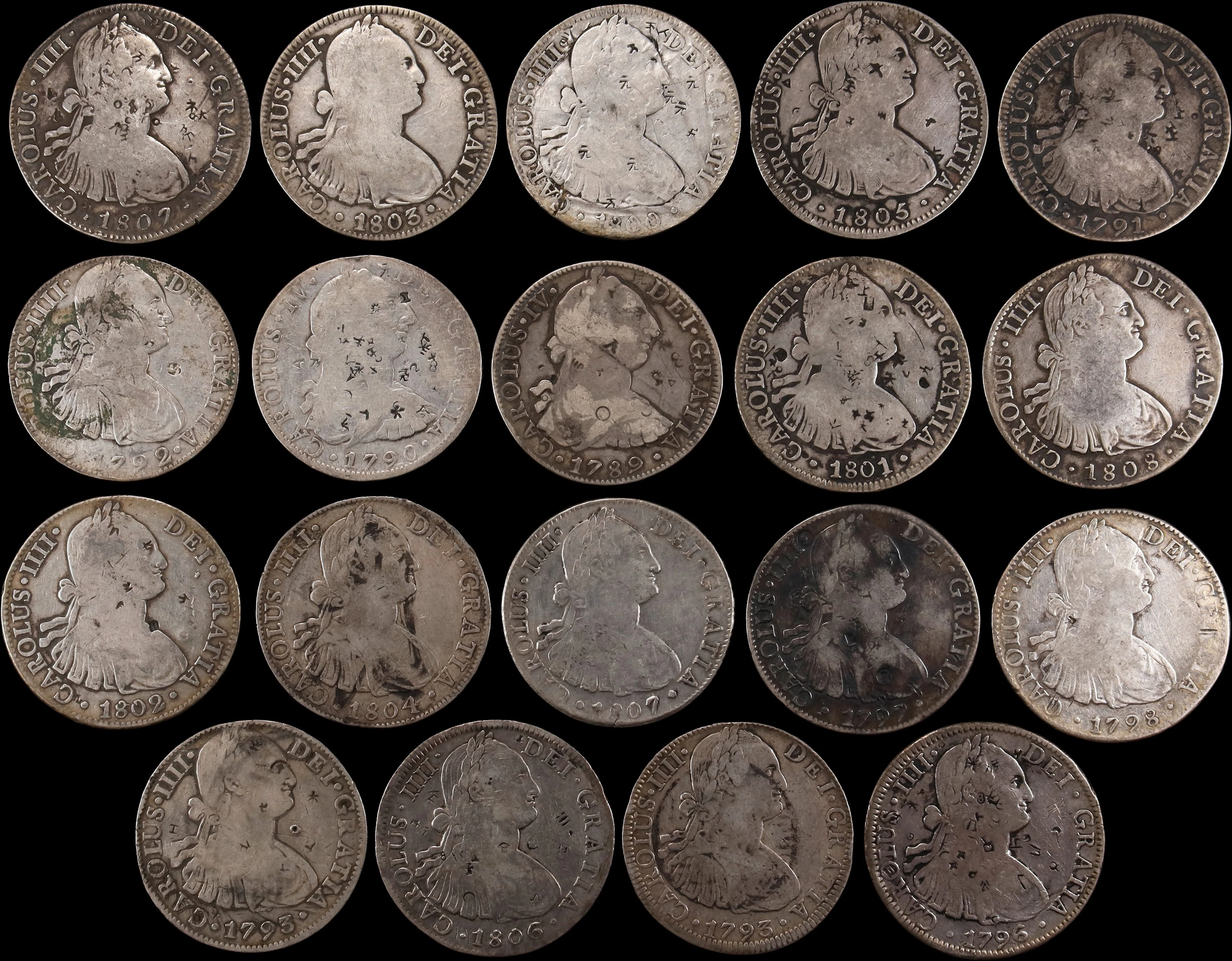 MEXICO. Group of Bust 8 Reales (19 Pieces), 1789-1808. Mexico City