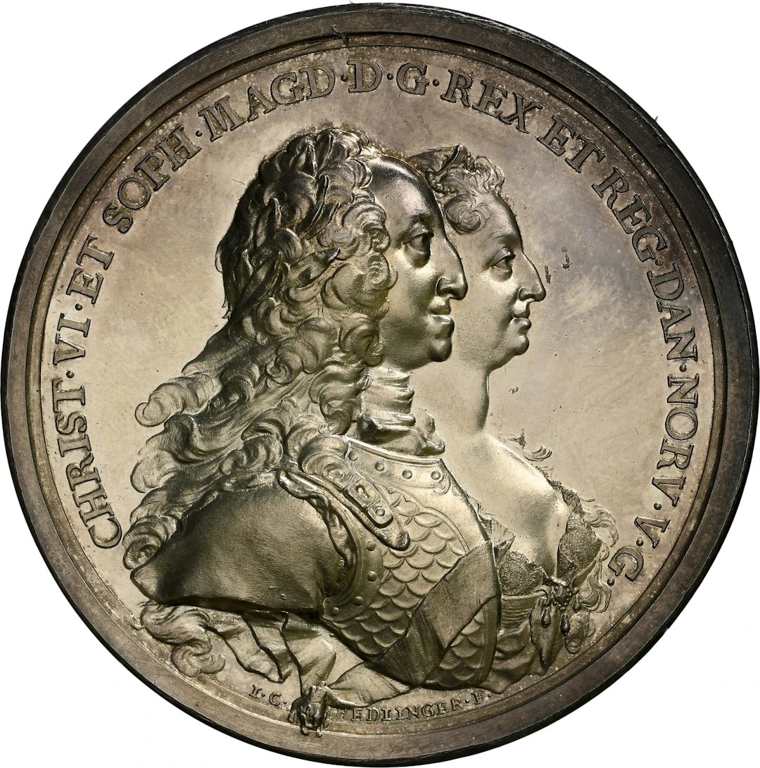 DENMARK. L'union Parfaite Restrike Silver Medal, 1732. Christian VI. NGC MS-64.