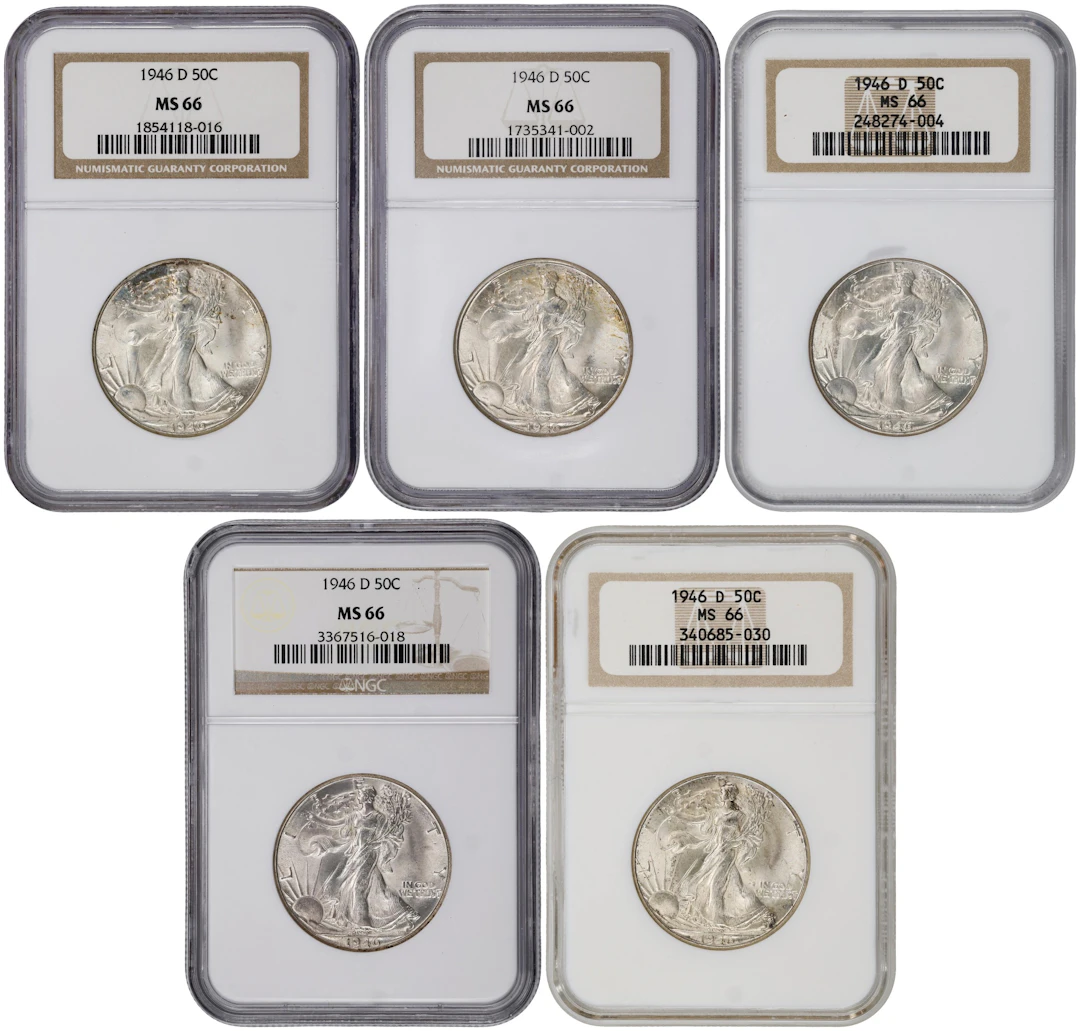 Lot of (5) 1946-D Walking Liberty Half Dollars. MS-66 (NGC).