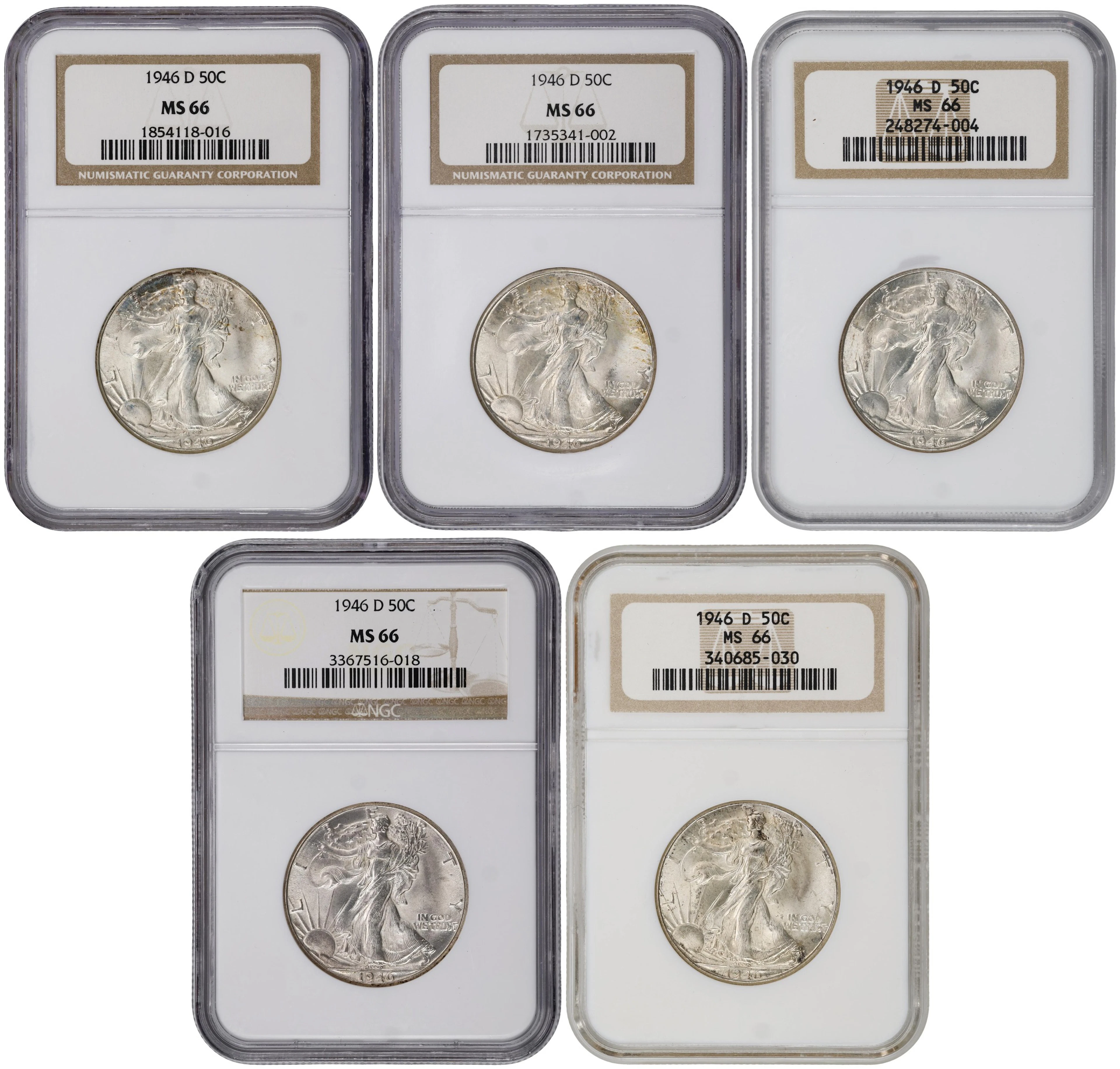 Lot of (5) 1946-D Walking Liberty Half Dollars. MS-66 (NGC).