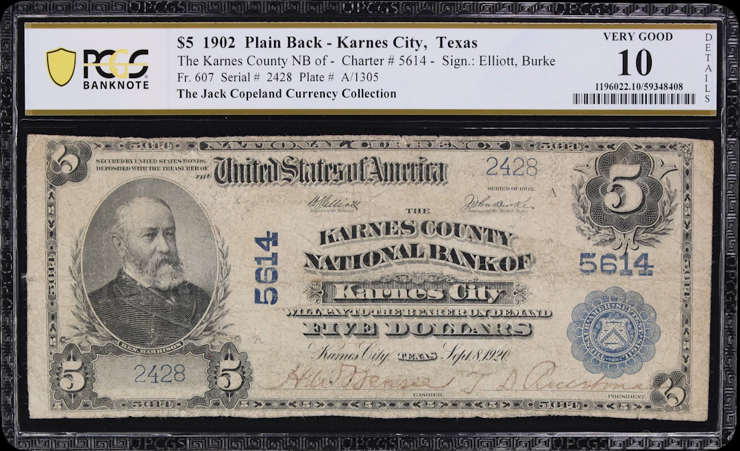 Karnes City, Texas. $5 1902 Plain Back. Fr. 607. Karnes County NB.
