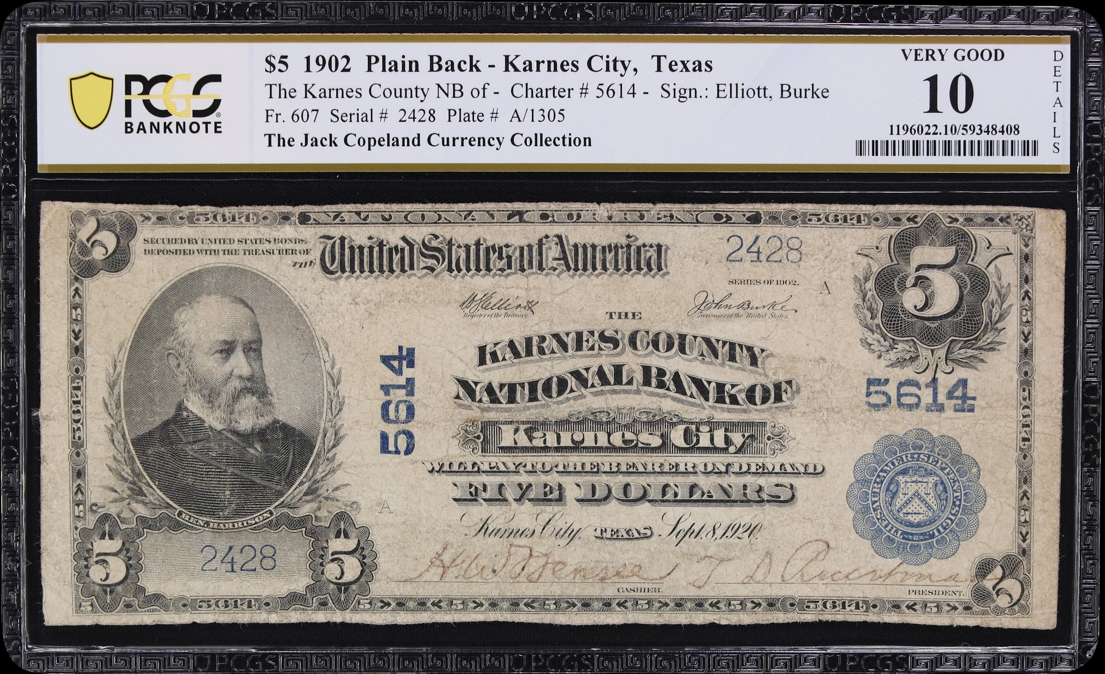 Karnes City, Texas. $5 1902 Plain Back. Fr. 607. Karnes County NB.
