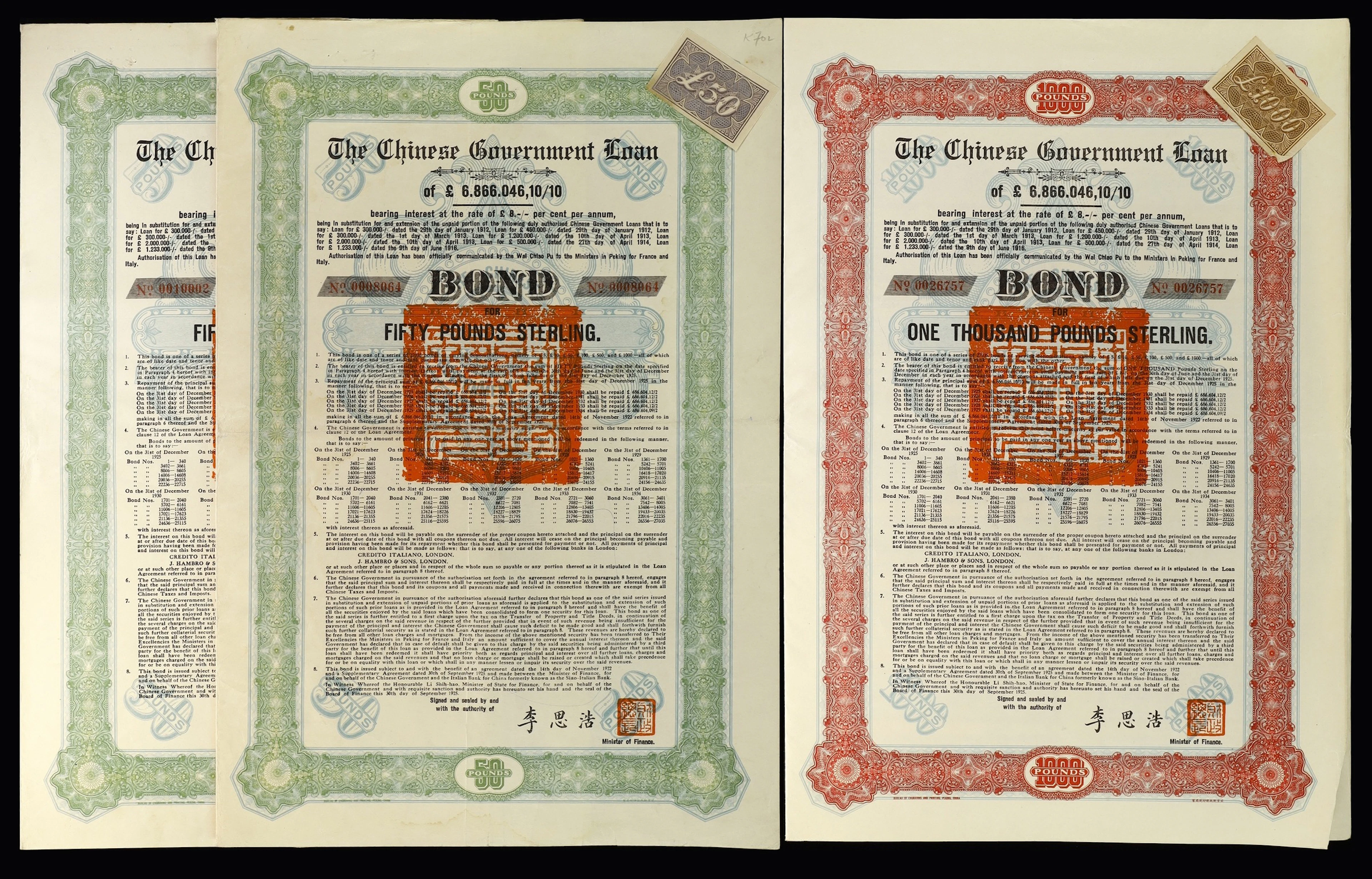 CHINA--REPUBLIC. Lot of (3). 1925 8% The Chinese Government (Skoda)