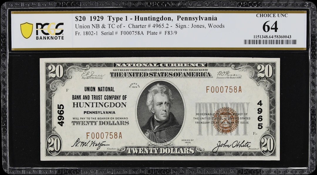 Huntingdon, Pennsylvania. $20 1929 Ty. 1. Fr. 1802-1. Union NB & TC.