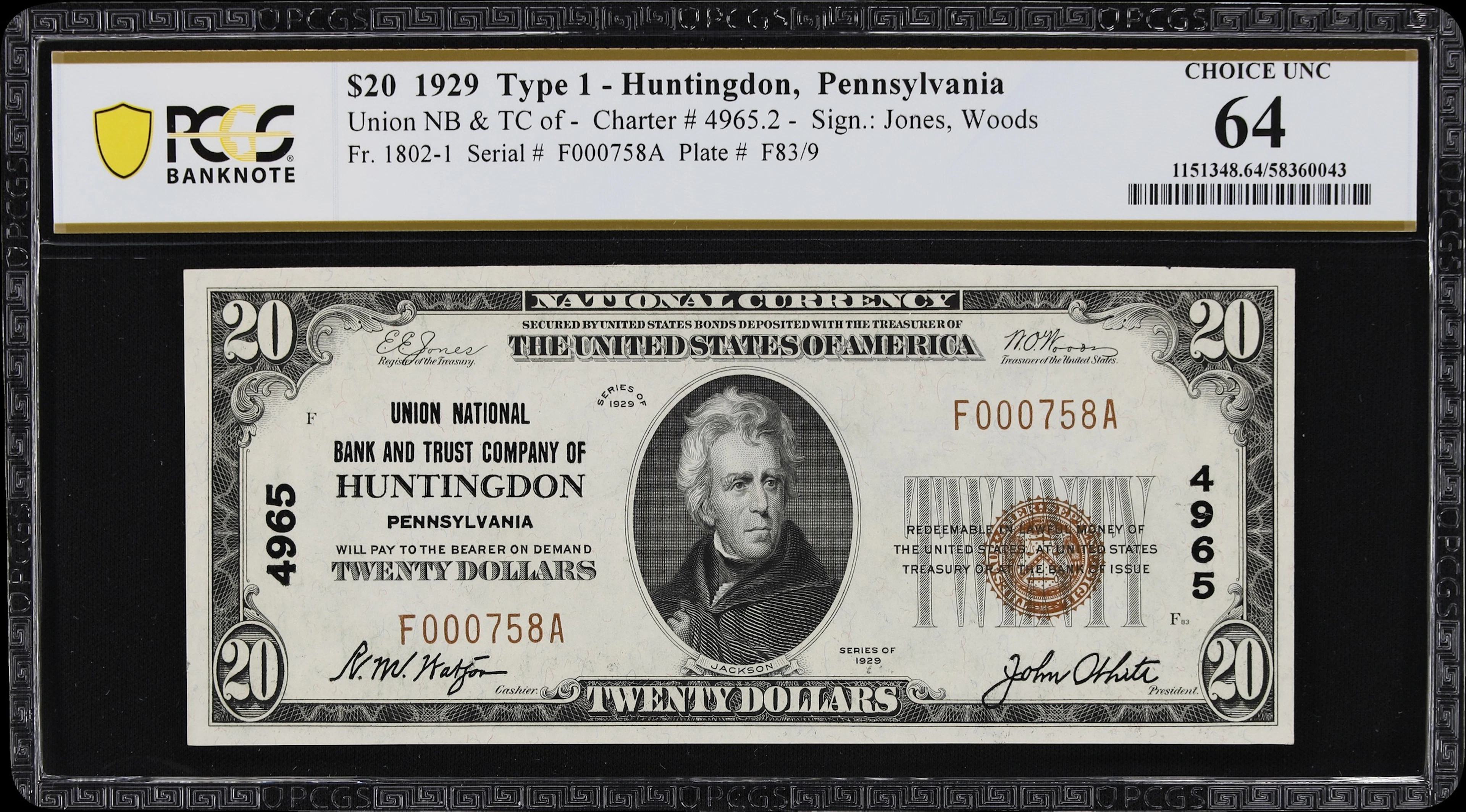 Huntingdon, Pennsylvania. $20 1929 Ty. 1. Fr. 1802-1. Union NB & TC.