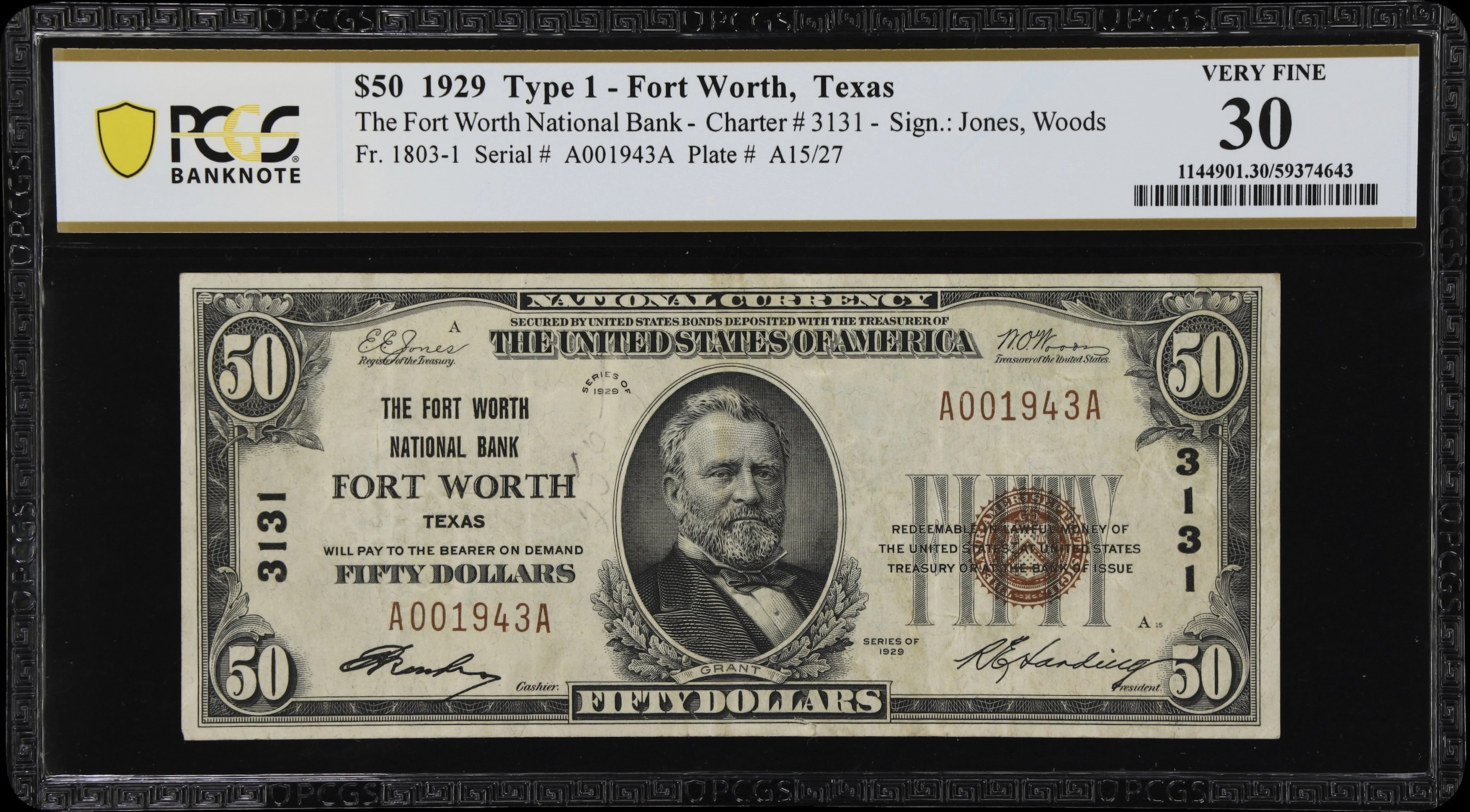 Fort Worth, Texas. $50 1929 Ty. 1. Fr. 1803-1. Fort Worth NB. Charter