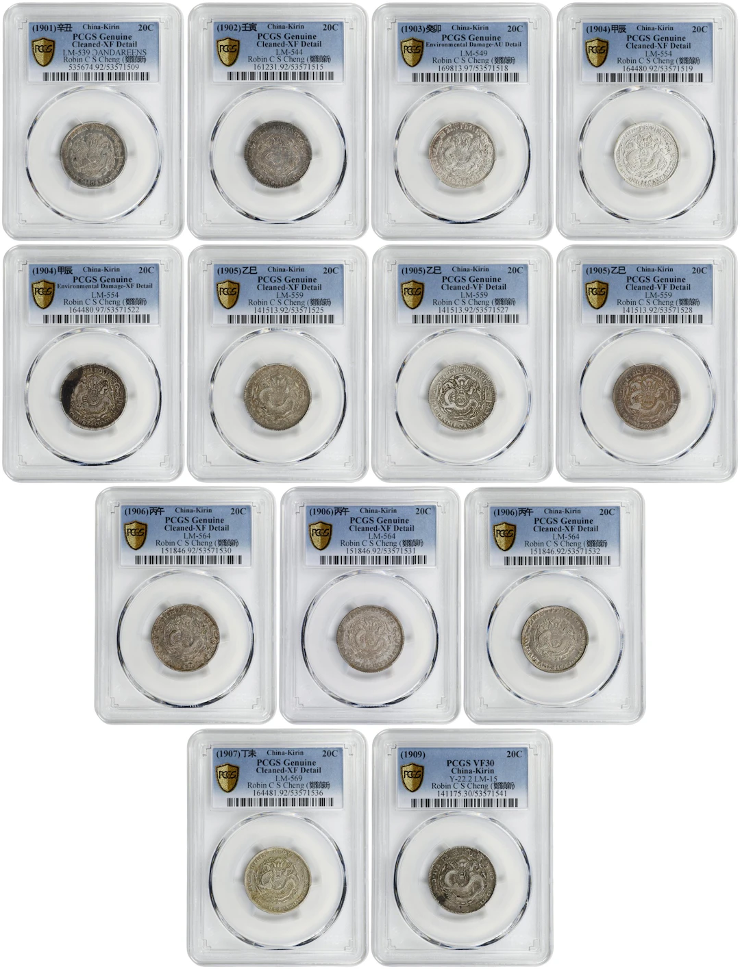 (t) CHINA. Kirin. Group of 20 Cents (13 Pieces), 1900-09. All PCGS Certified.
