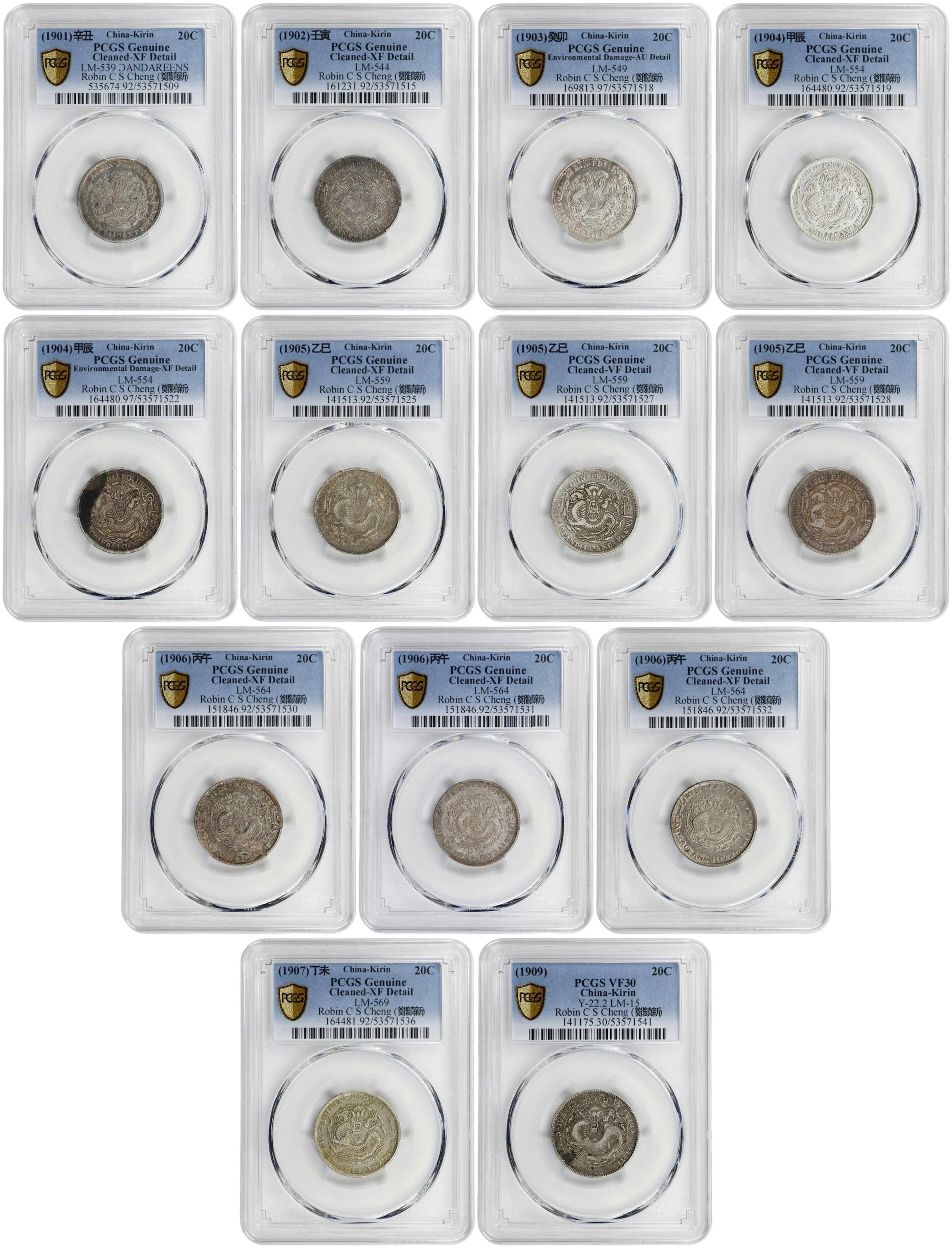 (t) CHINA. Kirin. Group of 20 Cents (13 Pieces), 1900-09. All PCGS Certified.