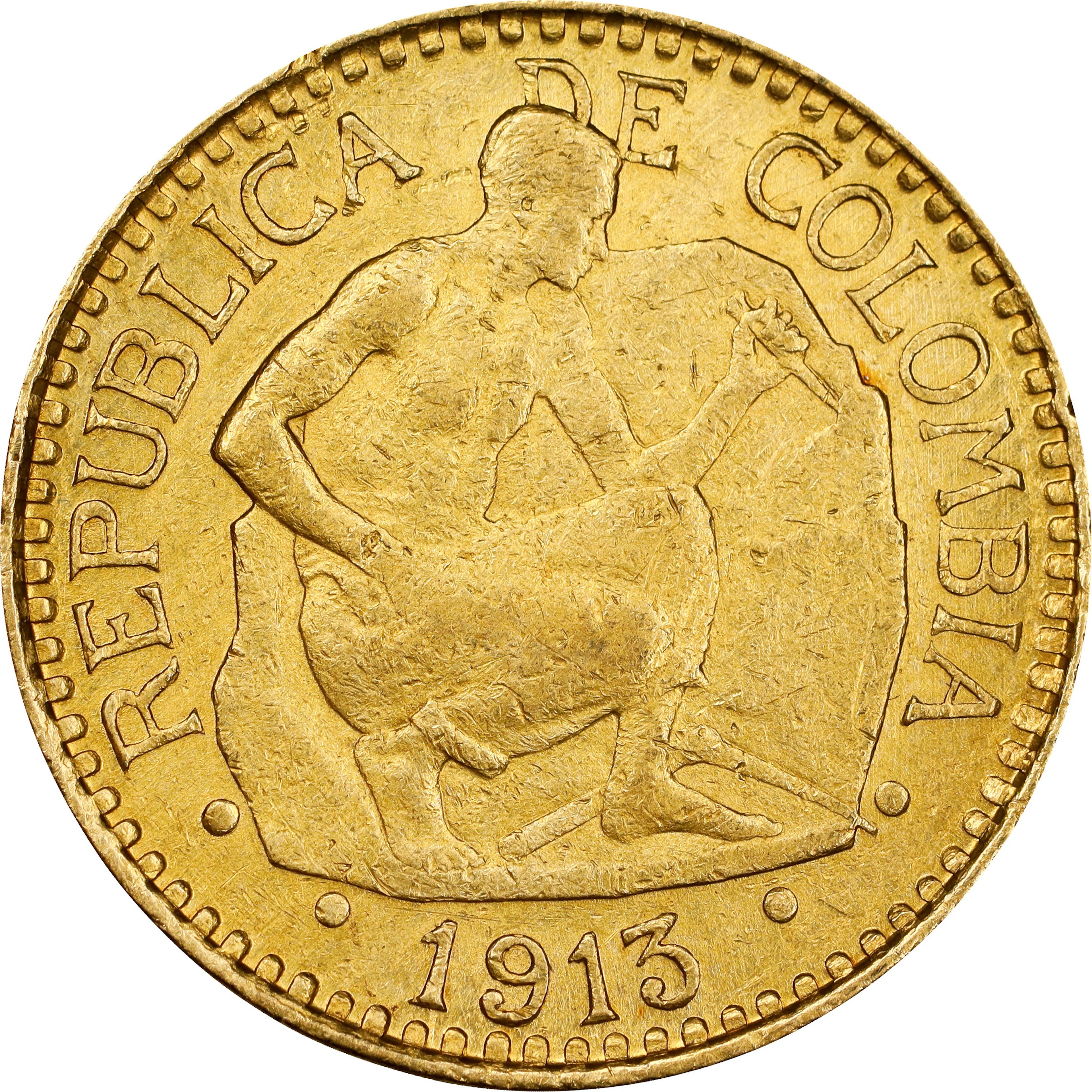 (0.236 oz, 7.334 g AGW). Colombia. 1913 Gold 5 Pesos.