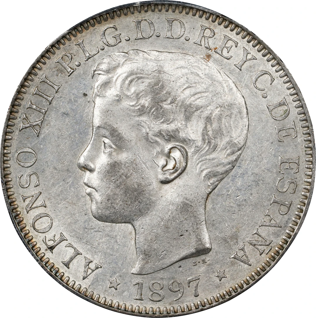 PHILIPPINES. Peso, 1897-SG V. Manila Mint. Alfonso XIII. PCGS AU-58.