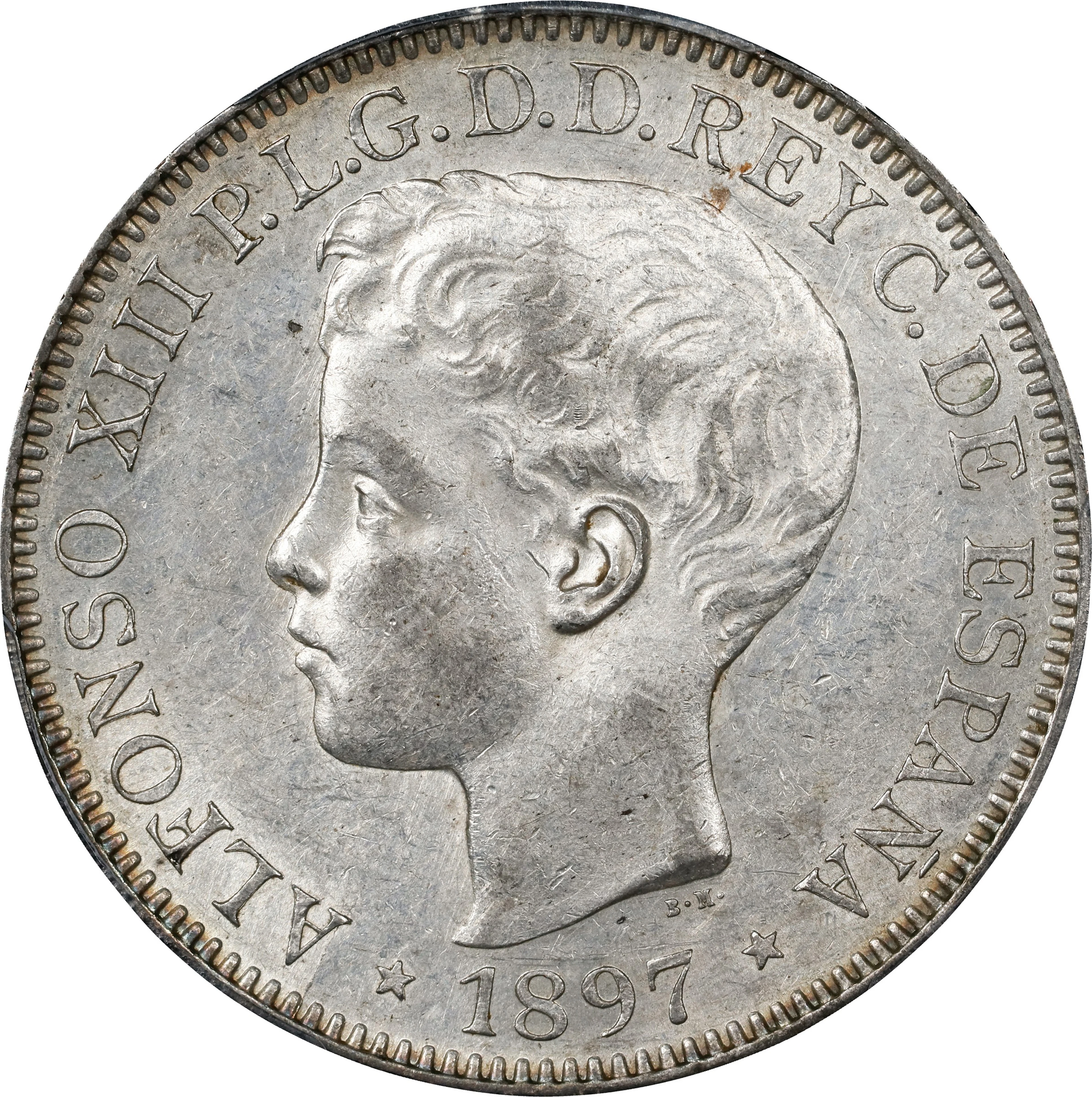 PHILIPPINES. Peso, 1897-SG V. Manila Mint. Alfonso XIII. PCGS AU-58.
