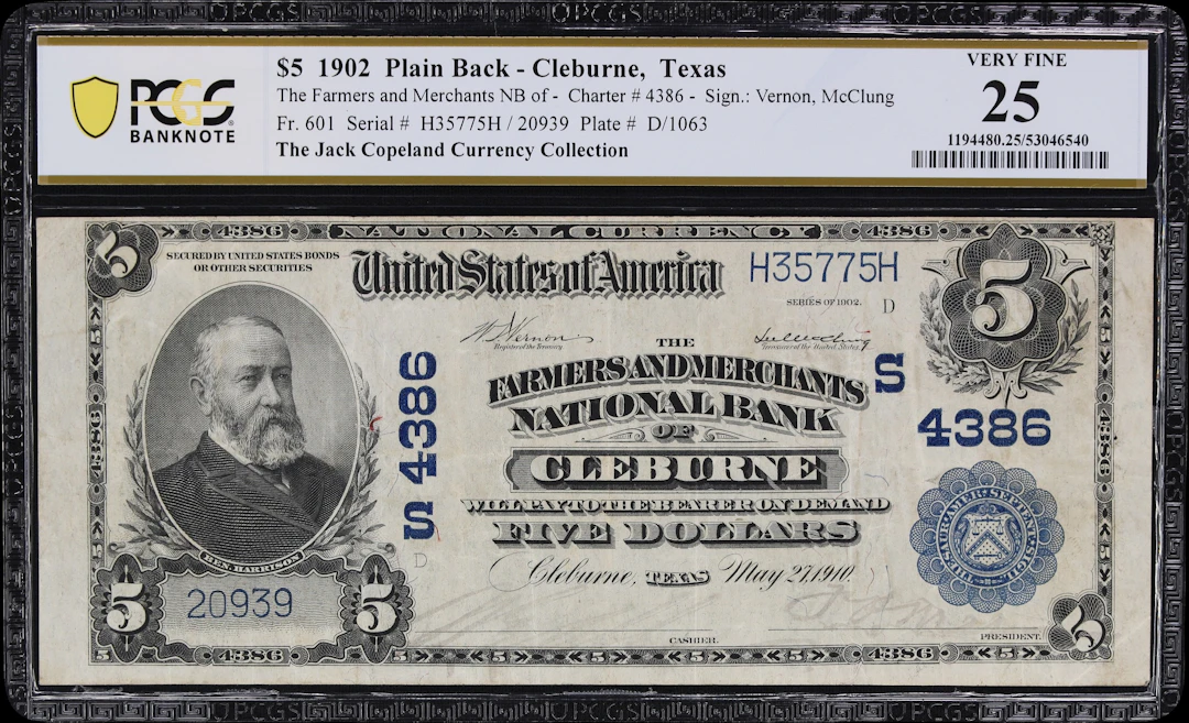 Cleburne, Texas. $5 1902 Plain Back. Fr. 601. Farmers & Merchants