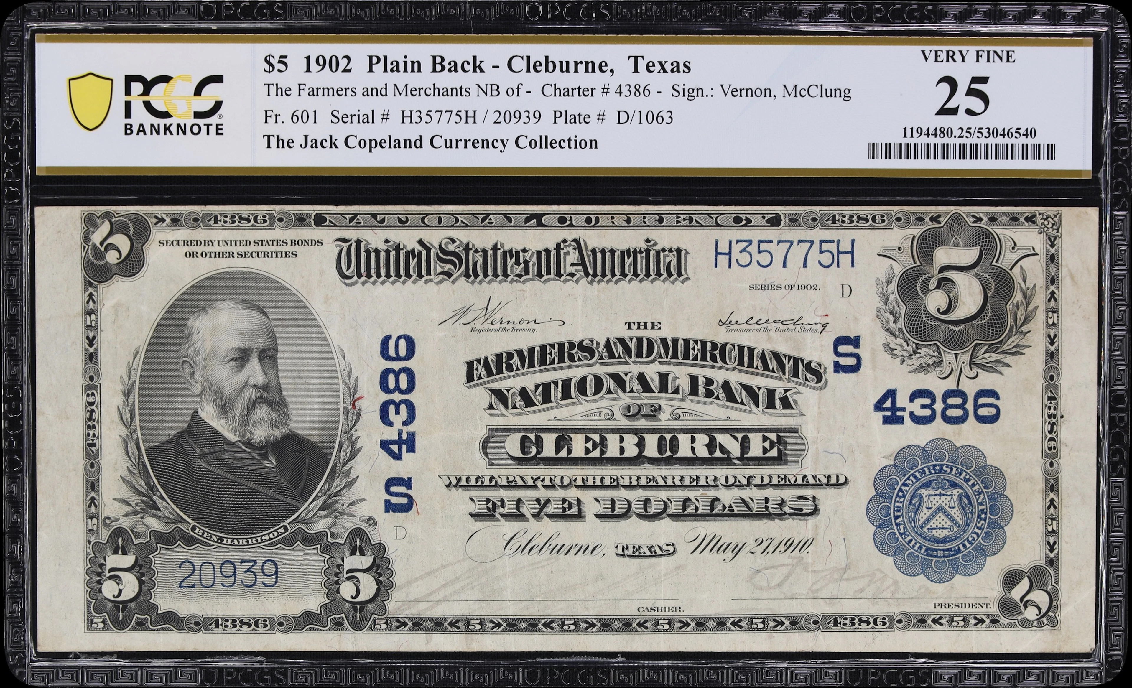 Cleburne, Texas. $5 1902 Plain Back. Fr. 601. Farmers & Merchants