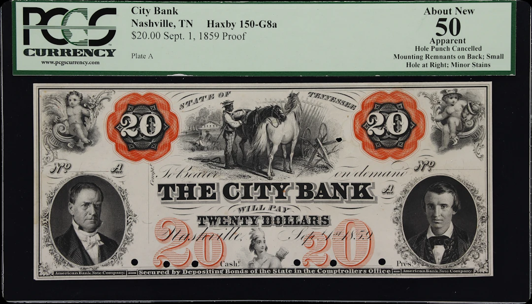 Nashville, Tennessee. City Bank. 1859 $20. PCGS Currency About New