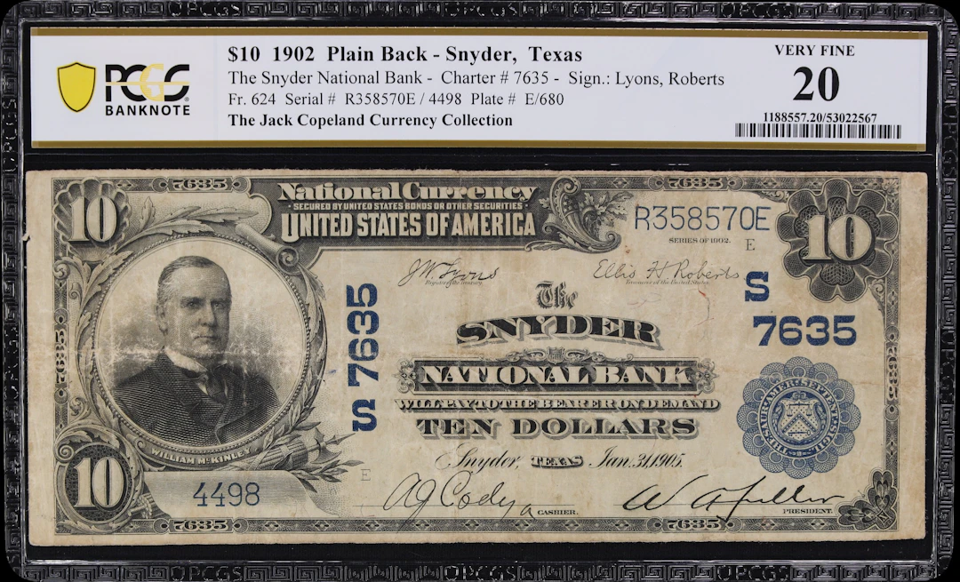 Snyder, Texas. $10 1902 Plain Back. Fr. 624. Snyder NB. Charter #7635.