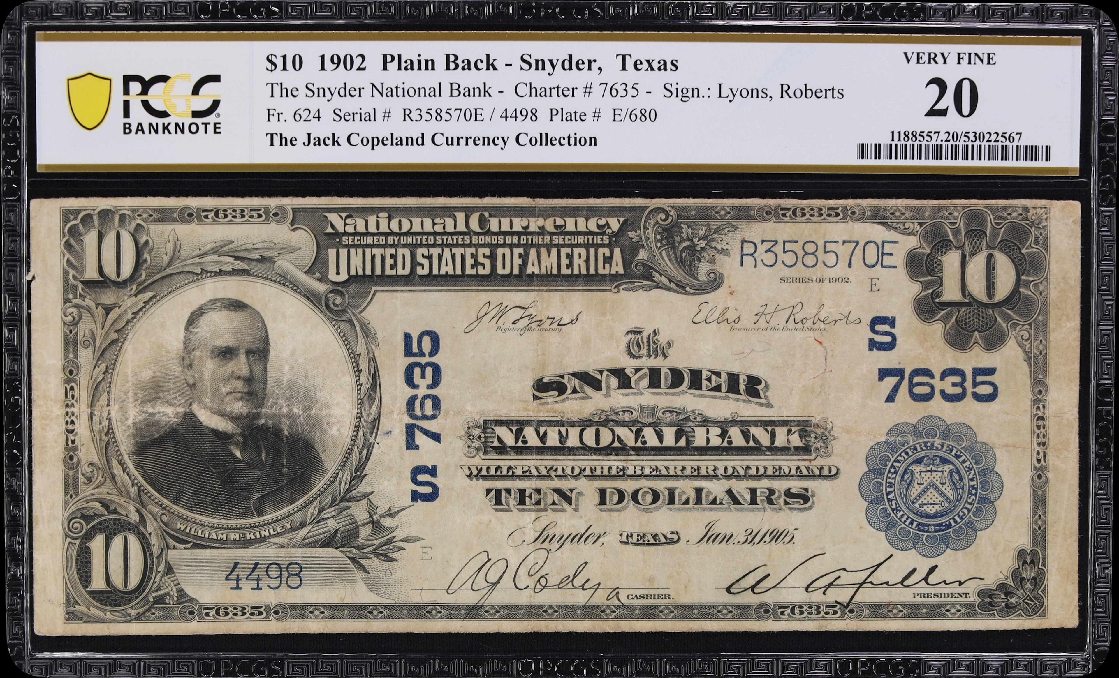 Snyder, Texas. $10 1902 Plain Back. Fr. 624. Snyder NB. Charter #7635.