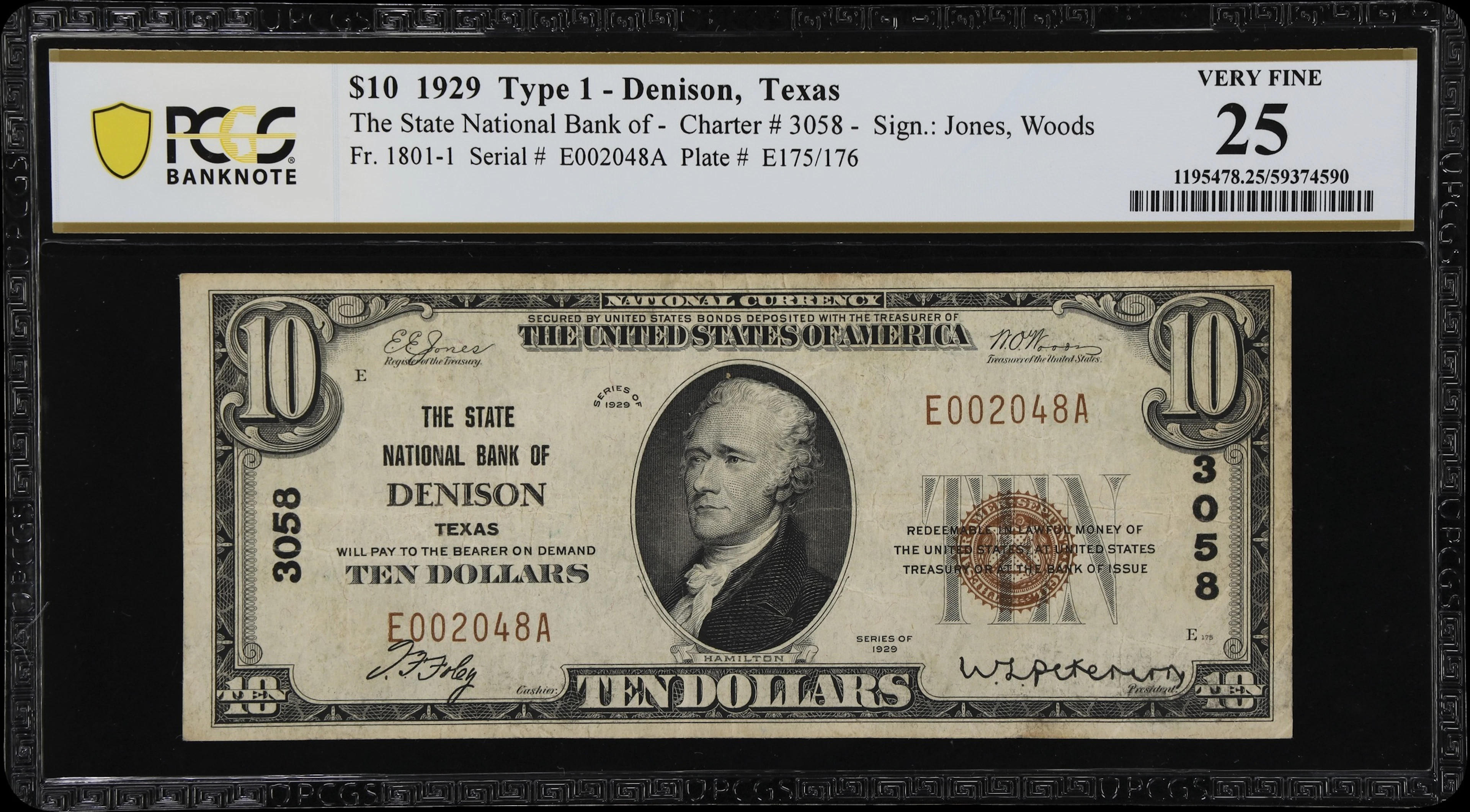 Denison, Texas. $10 1929 Ty. 1. Fr. 1801-1. State NB. Charter #3058.