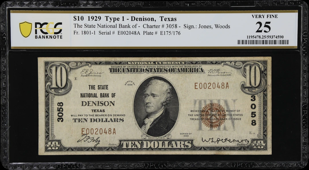 Denison, Texas. $10 1929 Ty. 1. Fr. 1801-1. State NB. Charter #3058.