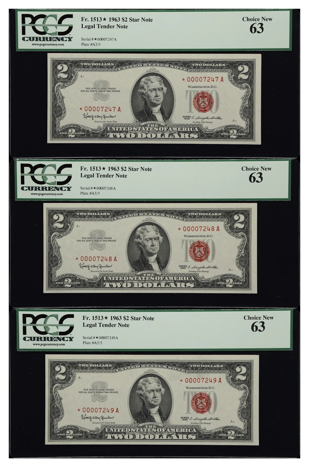 Lot of (3) Fr. 1513*. 1963 $2 Legal Tender Star Notes. PCGS Currency