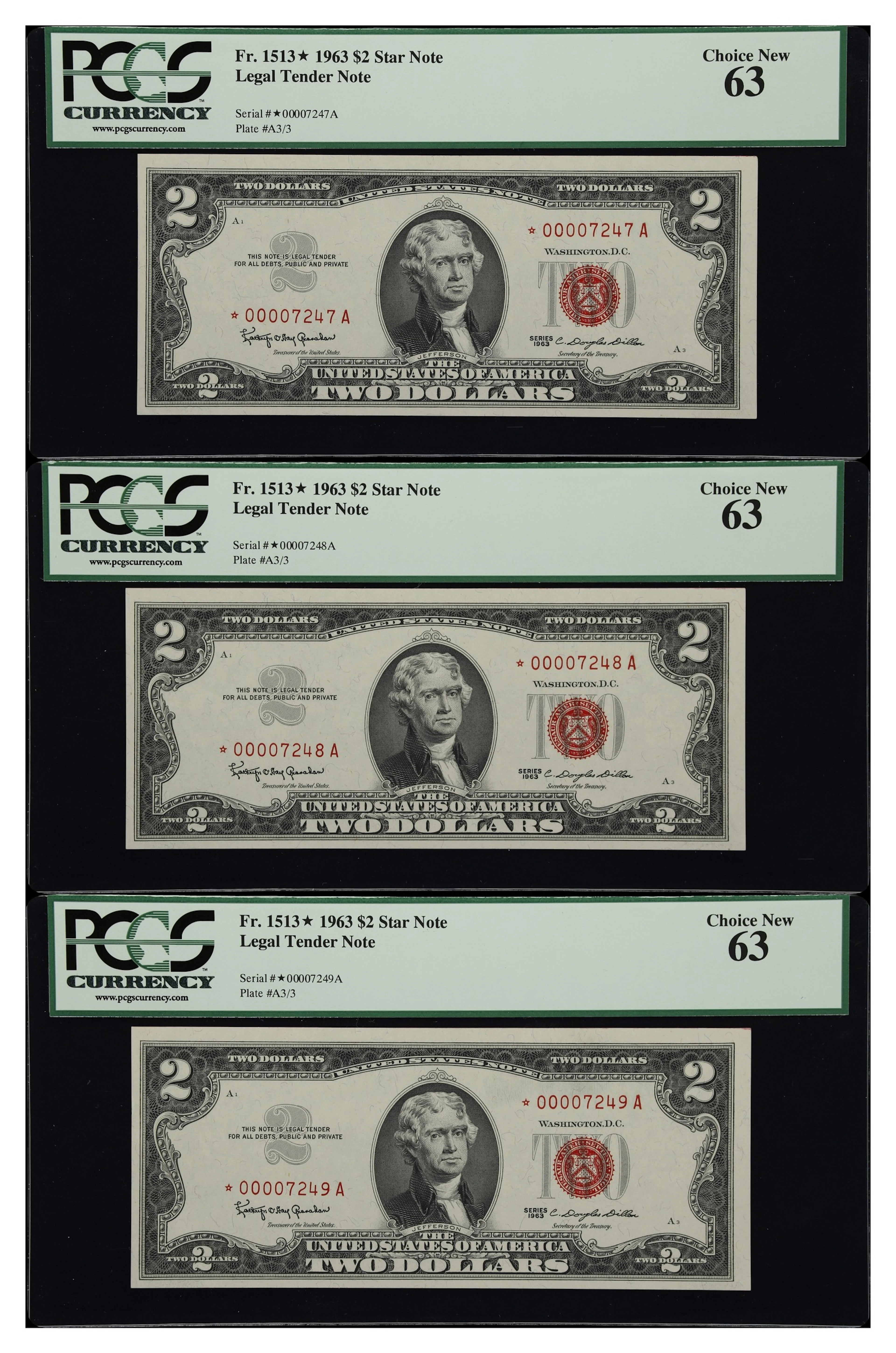 Lot of (3) Fr. 1513*. 1963 $2 Legal Tender Star Notes. PCGS Currency
