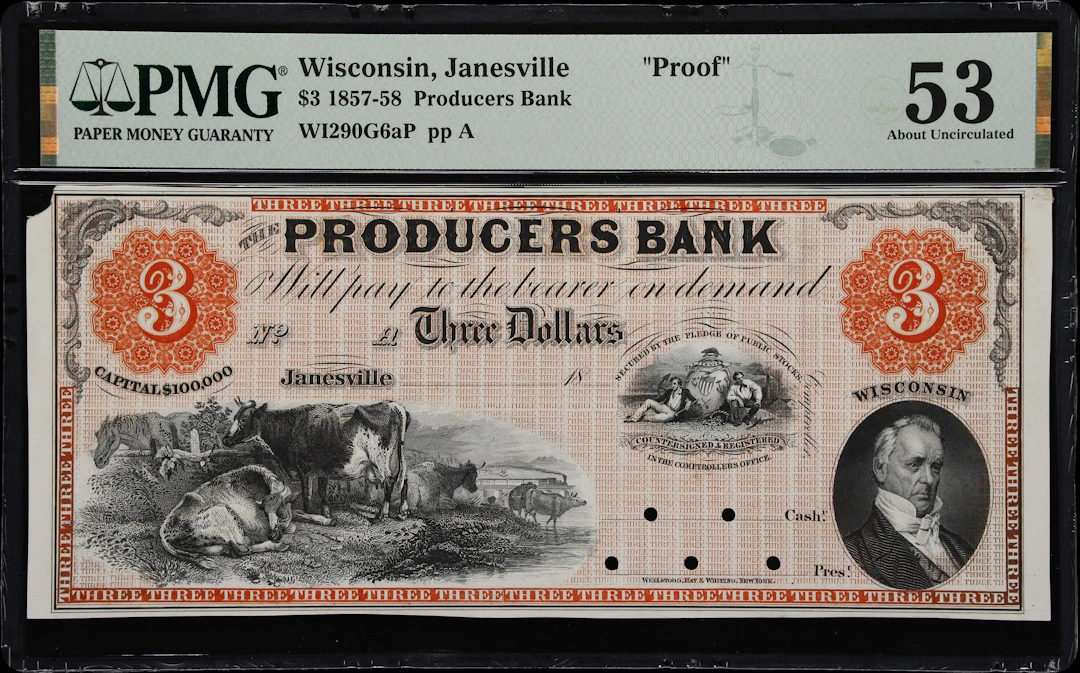 Janesville, Wisconsin. Producers Bank. 18xx $3. PMG About Uncirculated