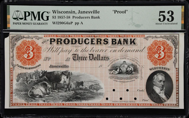 Janesville, Wisconsin. Producers Bank. 18xx $3. PMG About Uncirculated