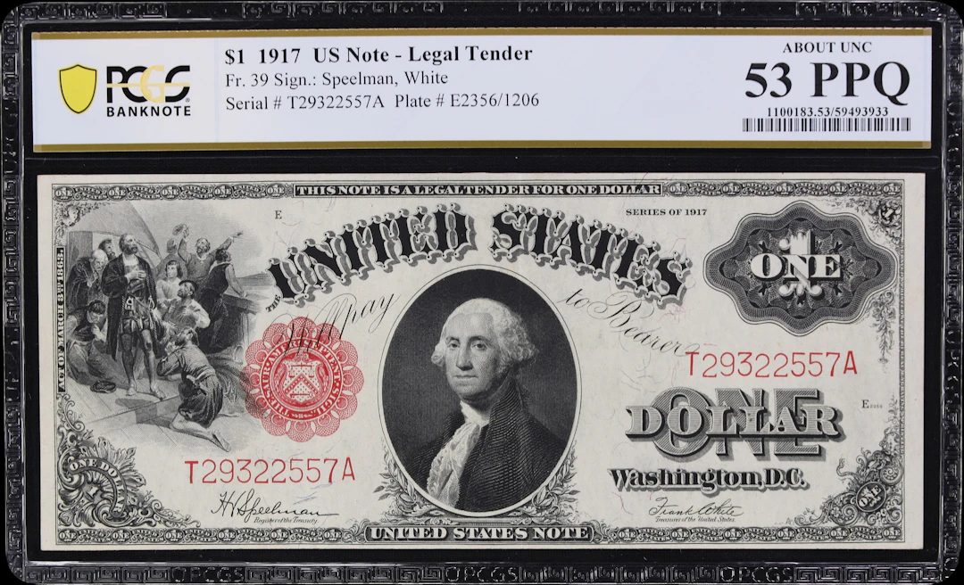 Fr. 39. 1917 $1 Legal Tender Note. PCGS Banknote About Uncirculated 53 PPQ.