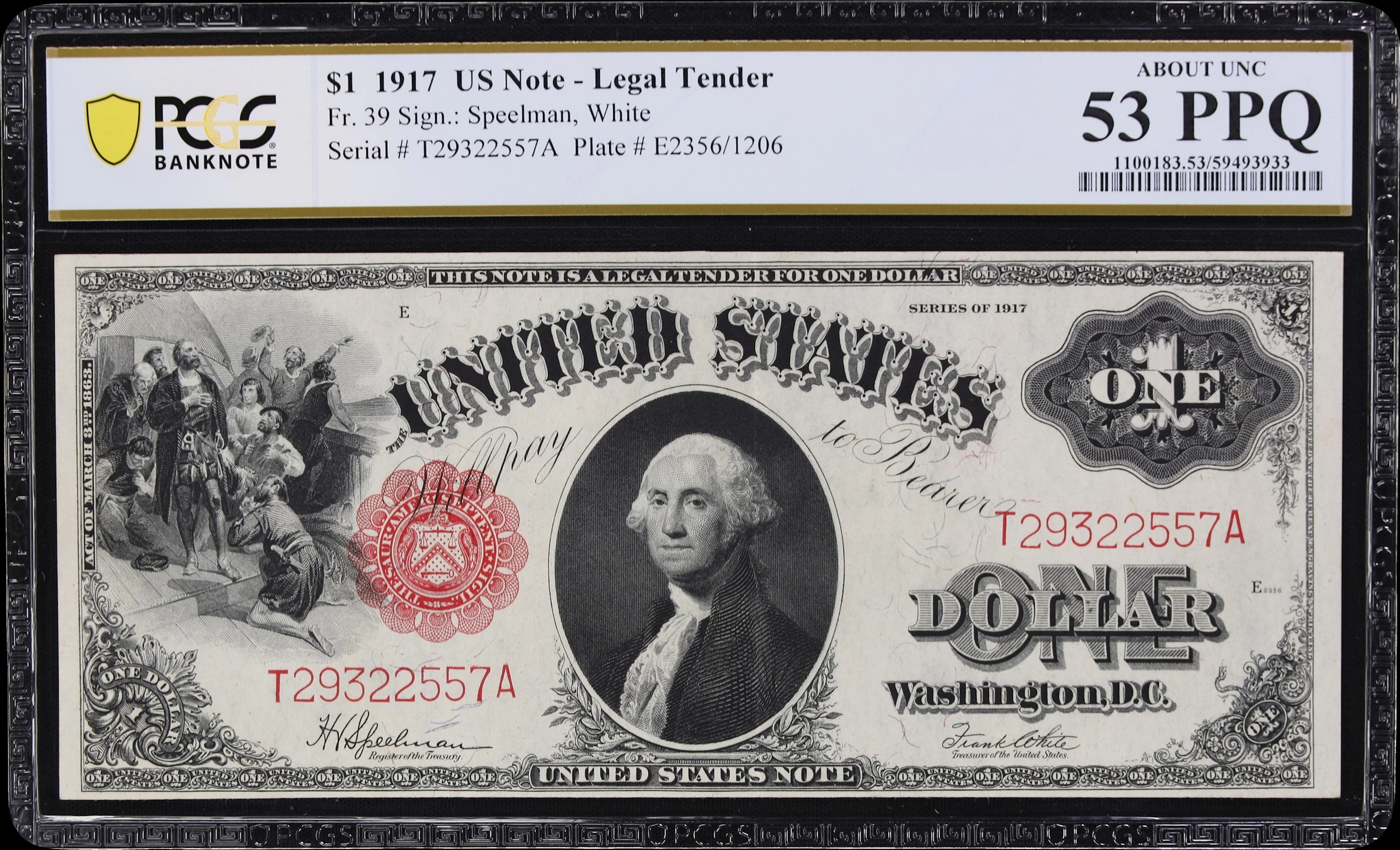 Fr. 39. 1917 $1 Legal Tender Note. PCGS Banknote About Uncirculated 53 PPQ.
