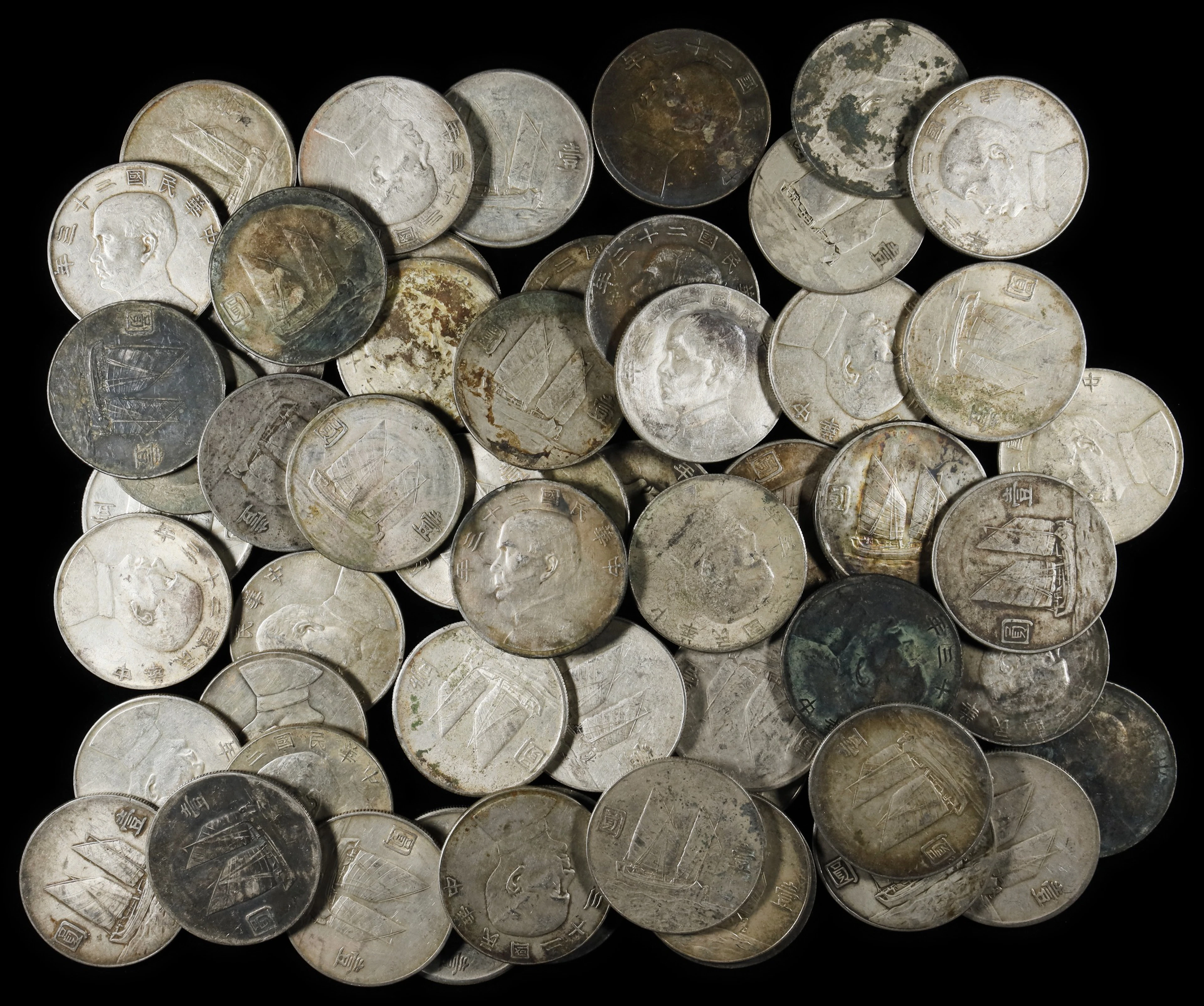 (t) CHINA. Group of Junk Boat Dollars (57 Pieces), Year 23 (1934).