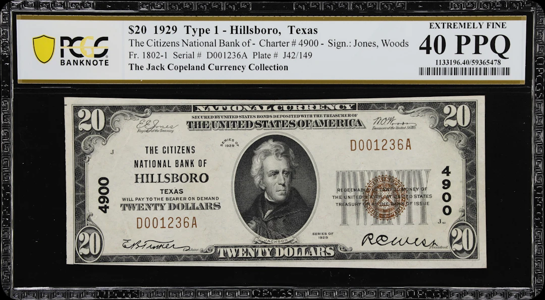 Hillsboro, Texas. $20 1929 Ty. 1. Fr. 1802-1. Citizens NB. Charter