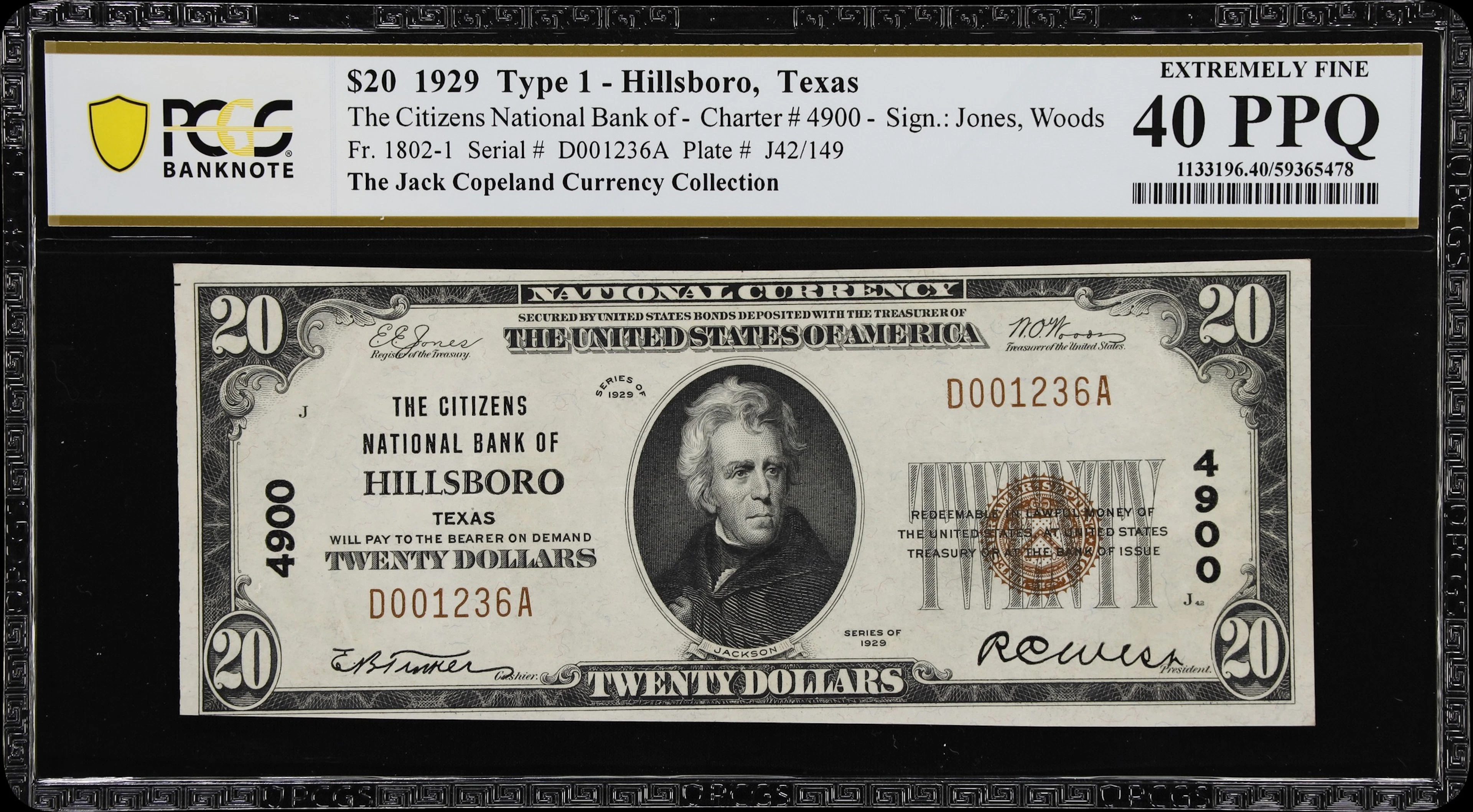 Hillsboro, Texas. $20 1929 Ty. 1. Fr. 1802-1. Citizens NB. Charter