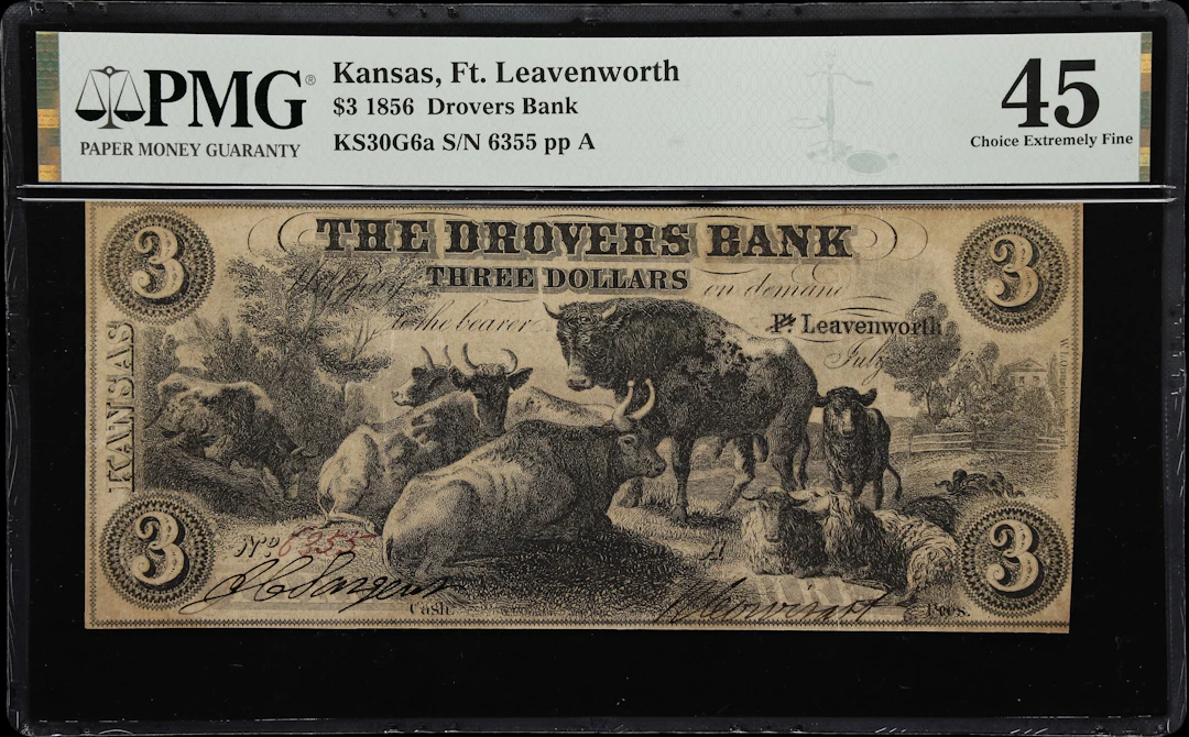 Fort Leavenworth, Territory of Kansas. Drovers Bank. 1856 $3. PMG