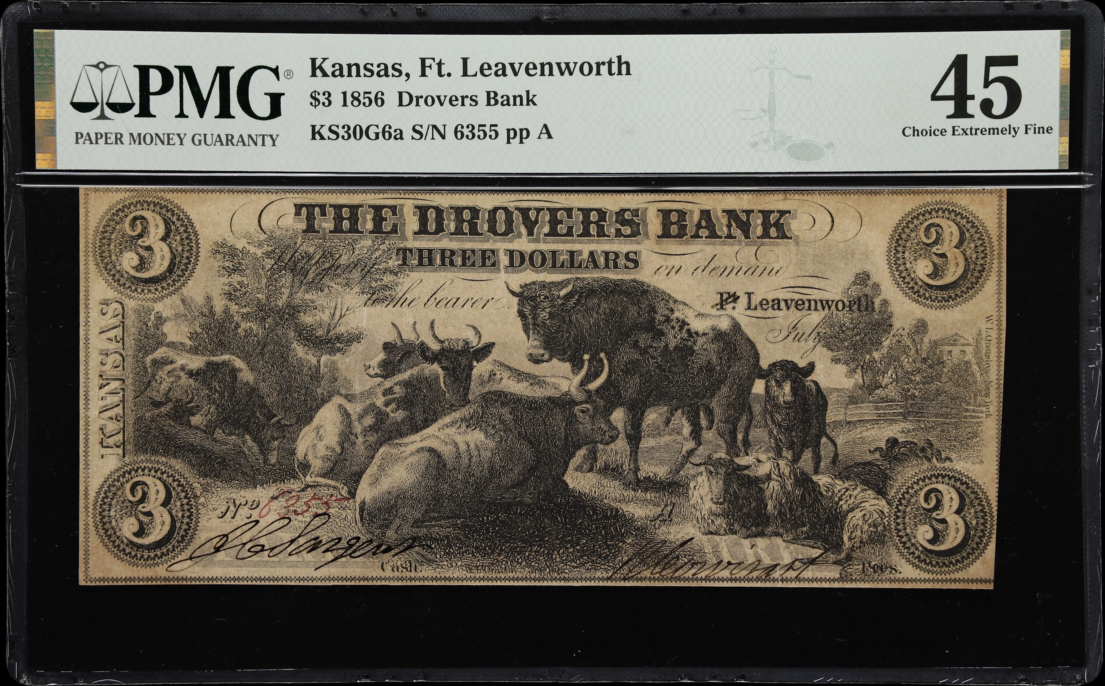 Fort Leavenworth, Territory of Kansas. Drovers Bank. 1856 $3. PMG