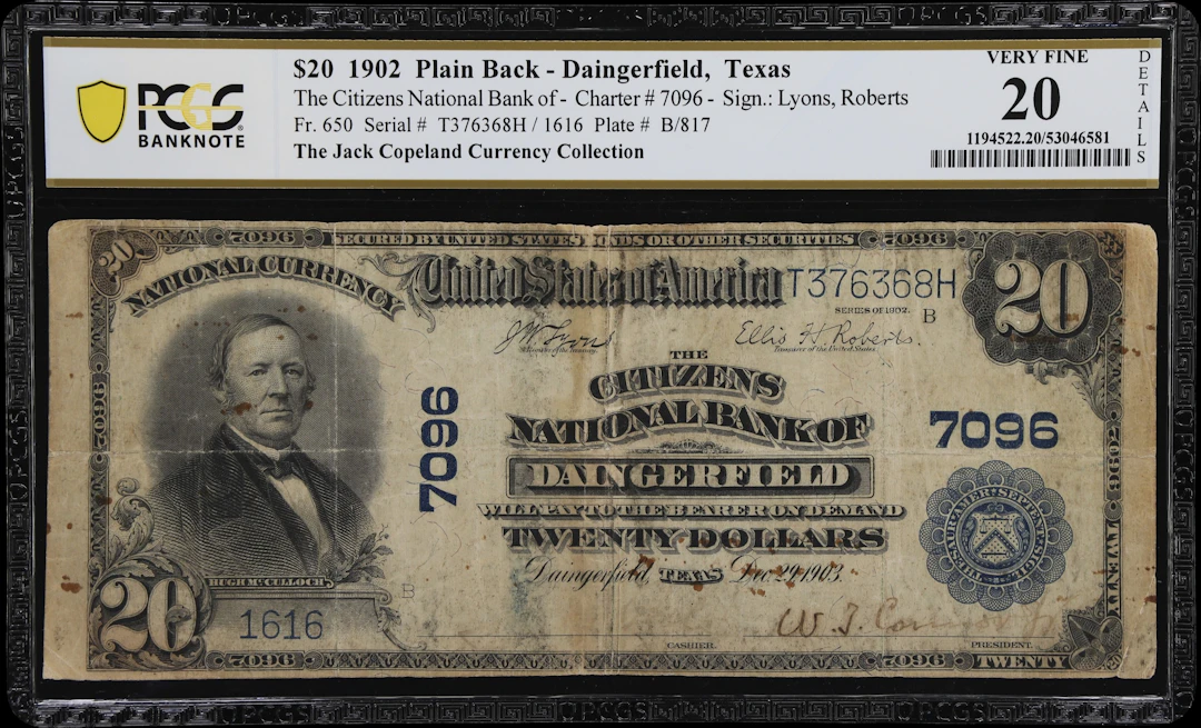 Daingerfield, Texas. $20 1902 Plain Back. Fr. 650. Citizens NB. Charter