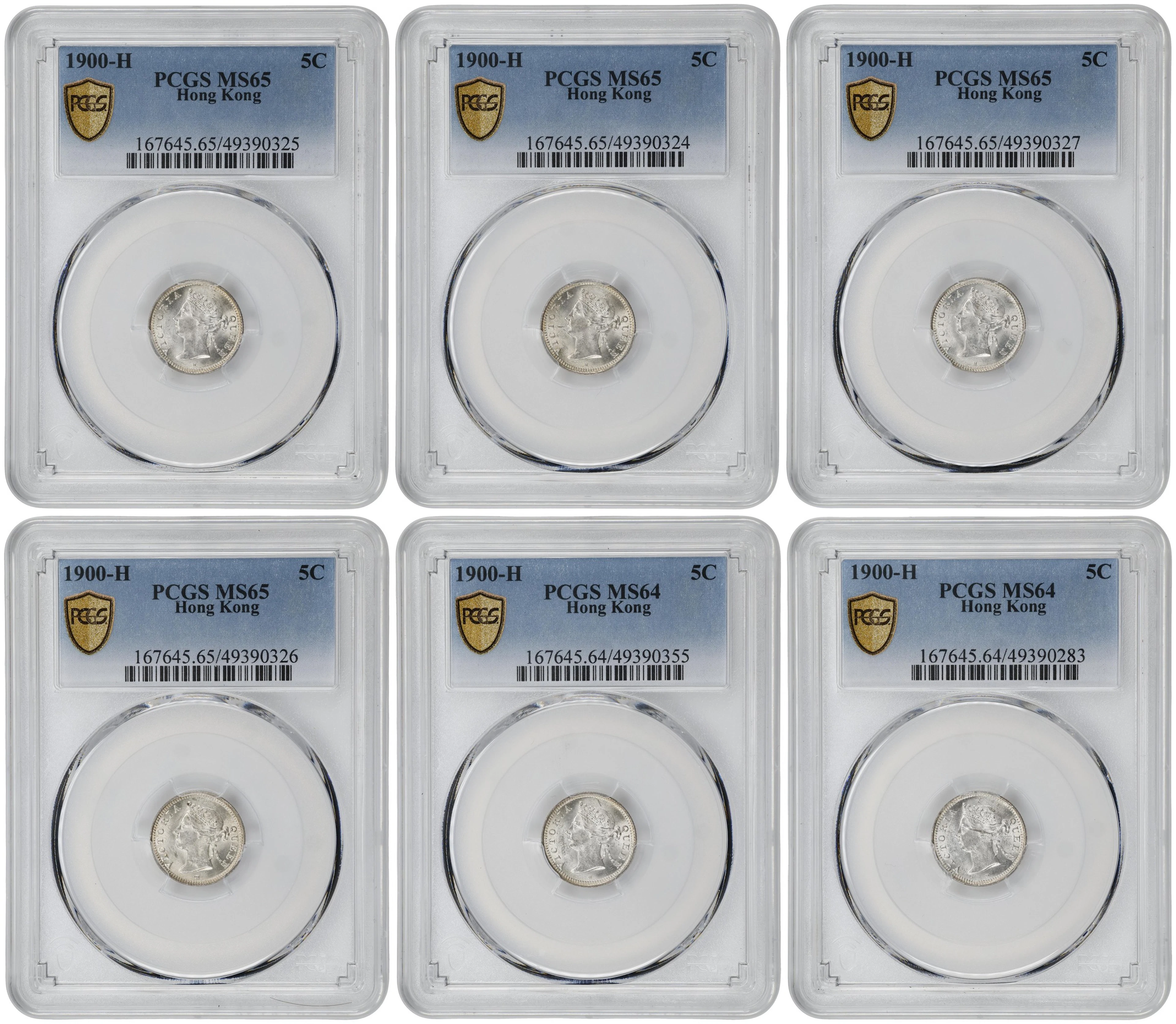 (t) HONG KONG (SAR). Sextet of 5 Cents (6 Pieces), 1900-H. Birmingham