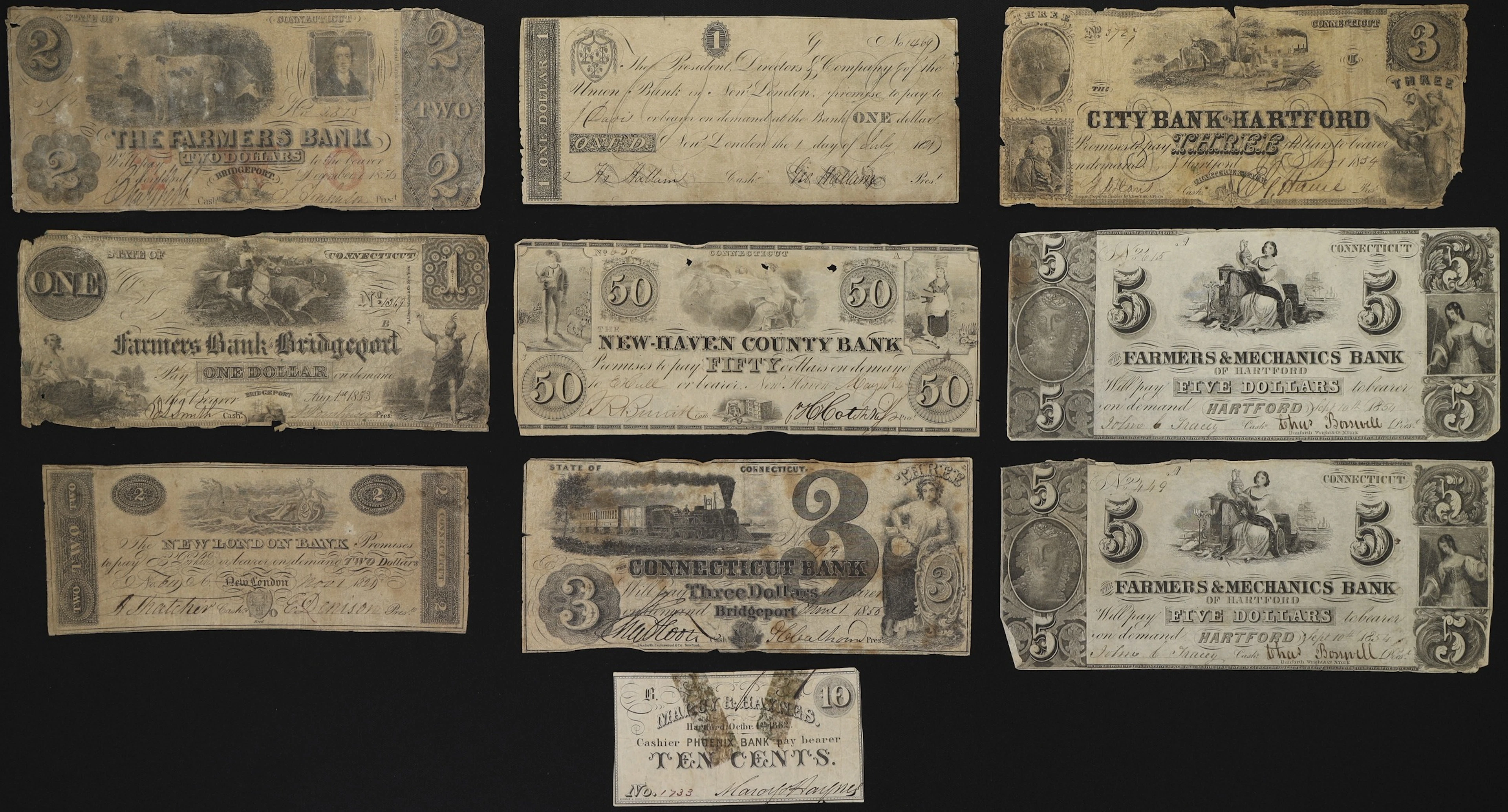 Lot of (10) Connecticut Obsoletes. Mixed Issuers. 1850s - 62 Mixed