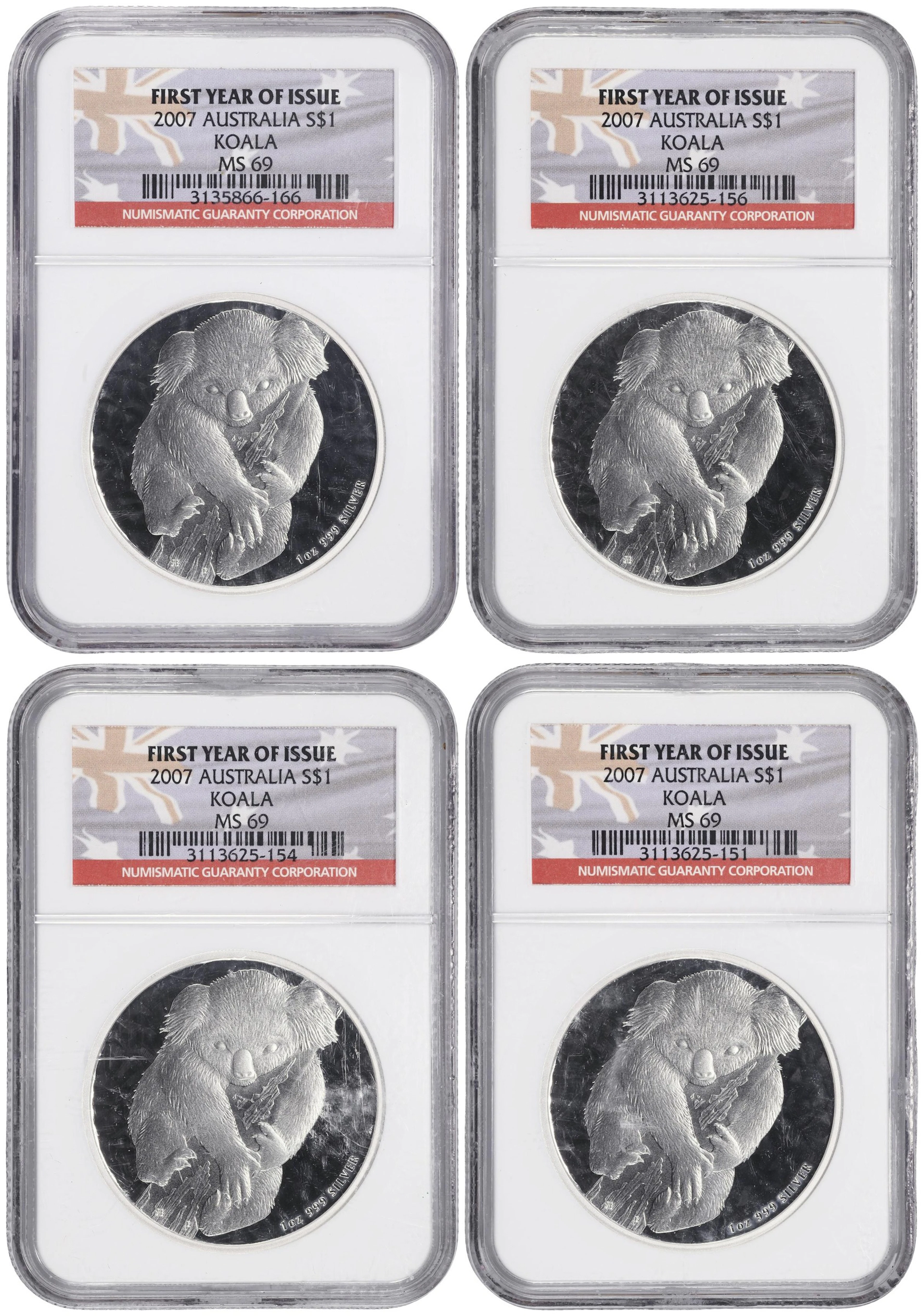 (4 oz, 124.416 g ASW). Australia. Lot of (4) 2007 1 oz Silver Koala
