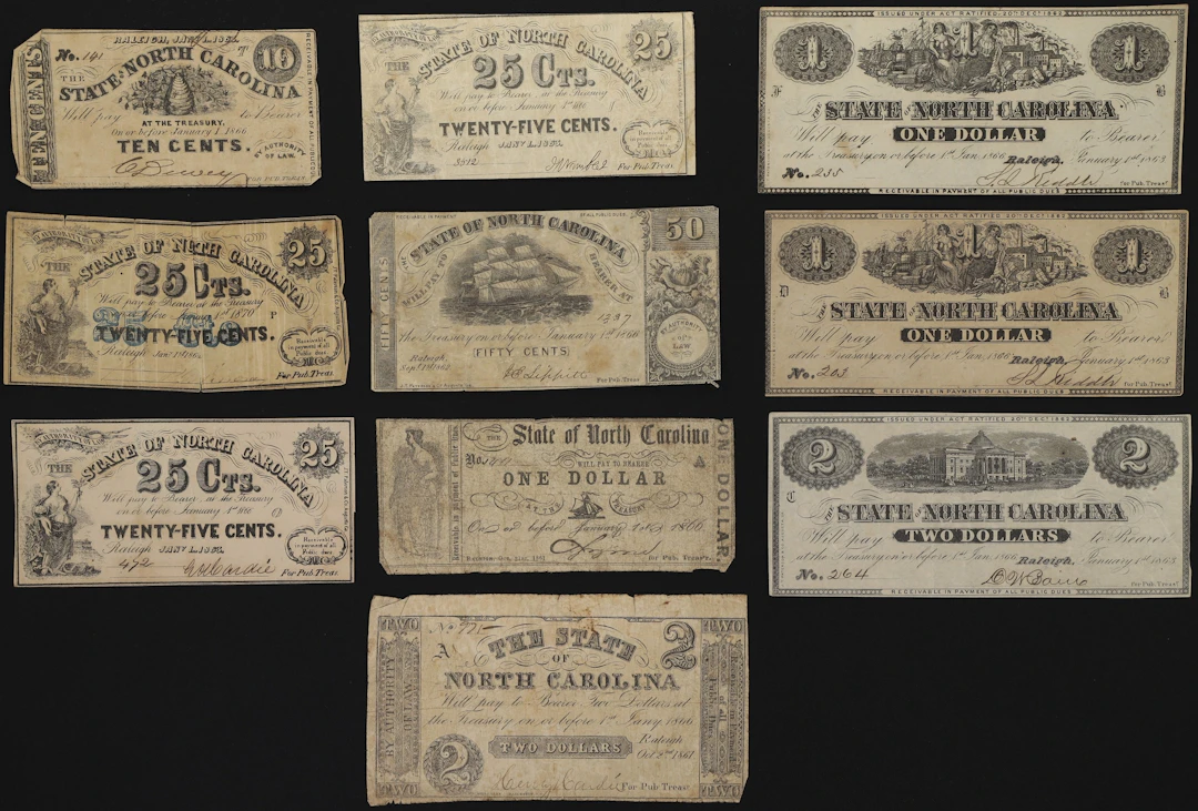 Lot of (10) Raleigh, North Carolina. State of North Carolina. 1860s