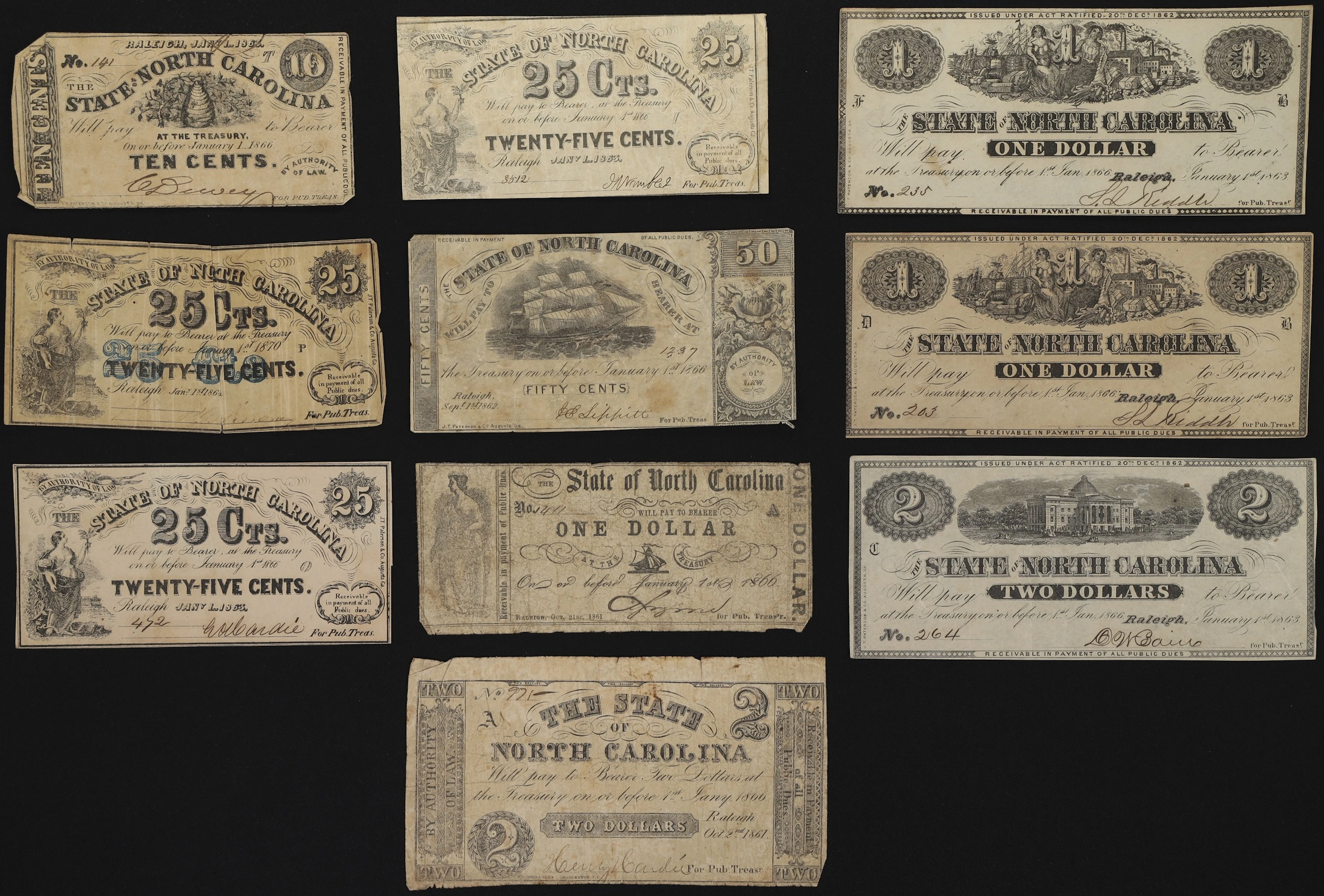 Lot of (10) Raleigh, North Carolina. State of North Carolina. 1860s