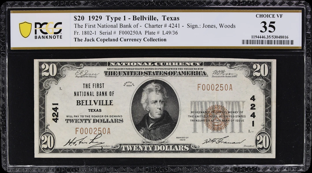 Bellville, Texas. $20 1929 Ty. 1. Fr. 1802-1. First NB. Charter #4241.