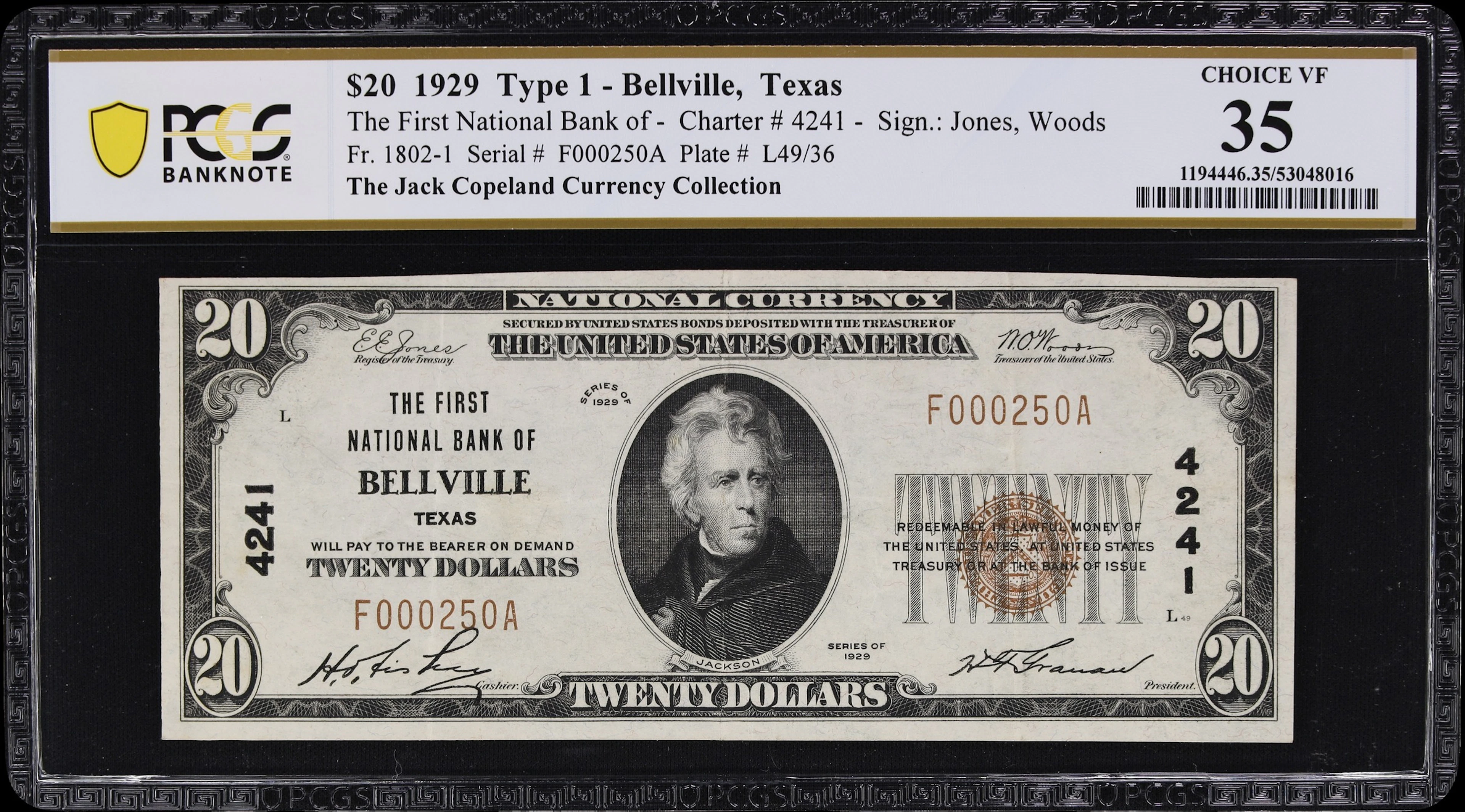 Bellville, Texas. $20 1929 Ty. 1. Fr. 1802-1. First NB. Charter #4241.