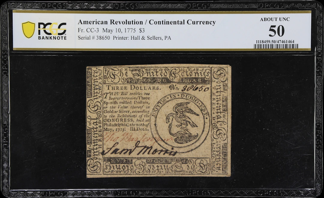 CC-3. Continental Currency. May 10, 1775. $3. PCGS Banknote About
